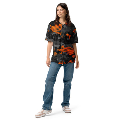 Baseball Jersey | Black & Orange Pixel Camouflage