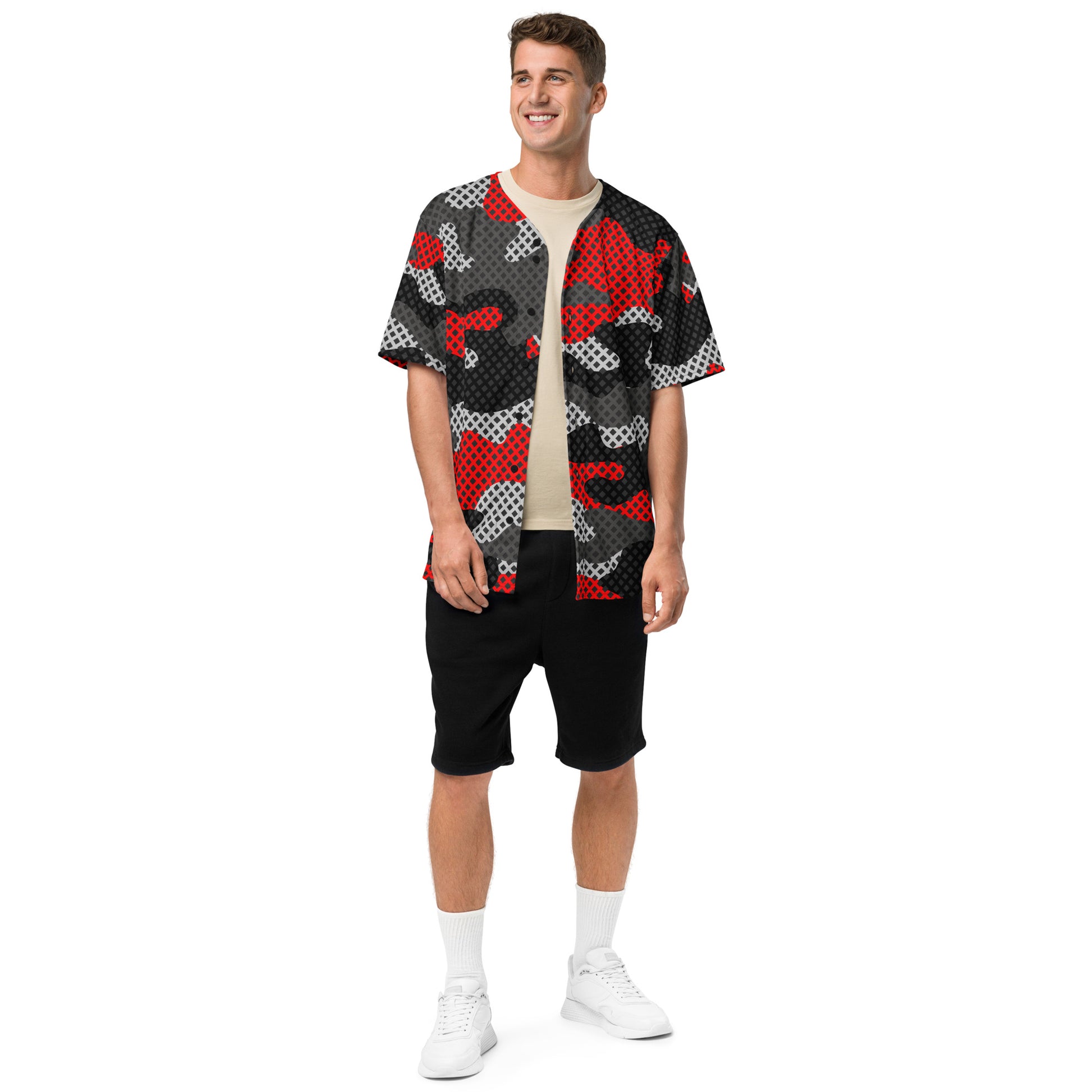 Camo Baseball Jersey | Red, Black and Gray Pixel Camouflage