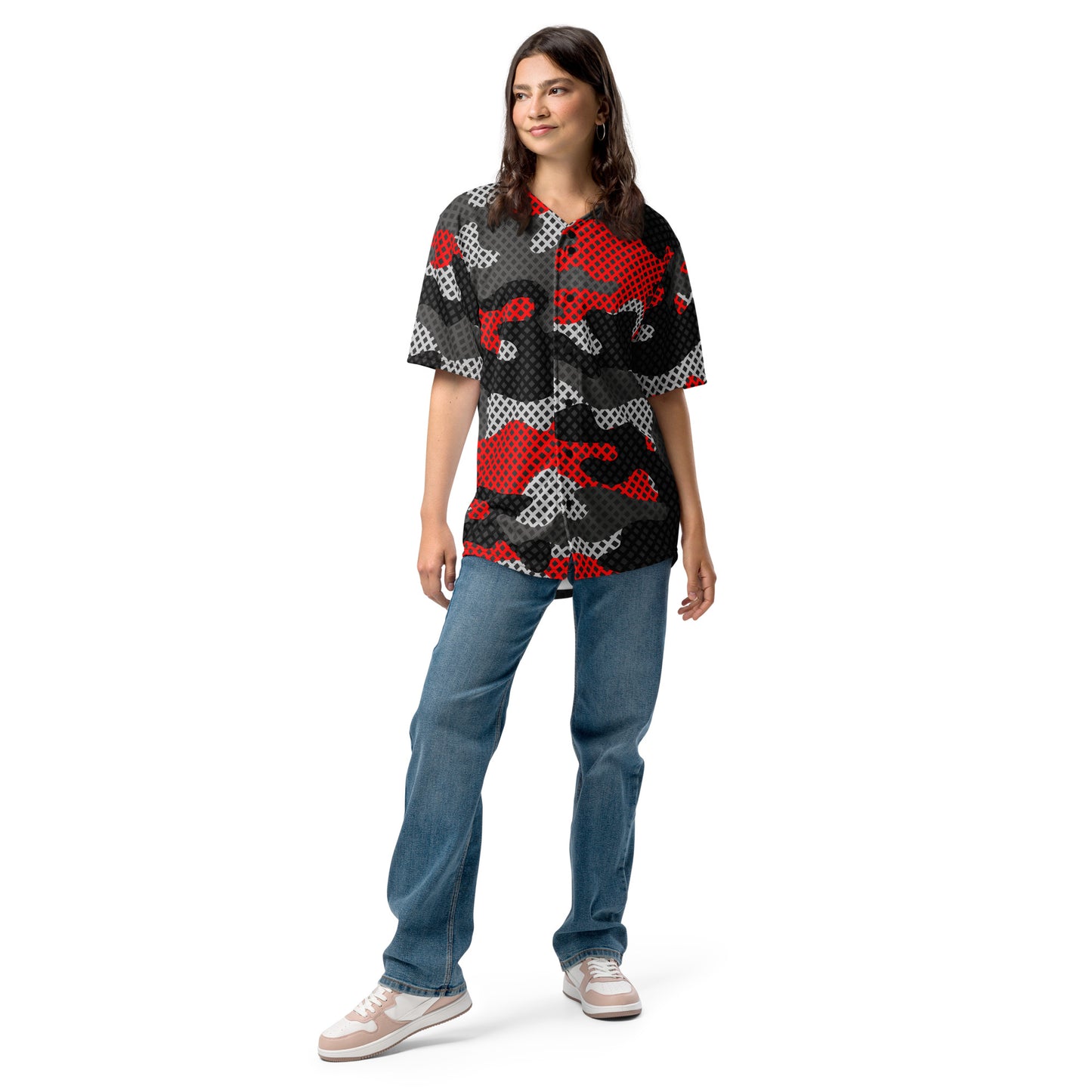 Camo Baseball Jersey | Red, Black and Gray Pixel Camouflage