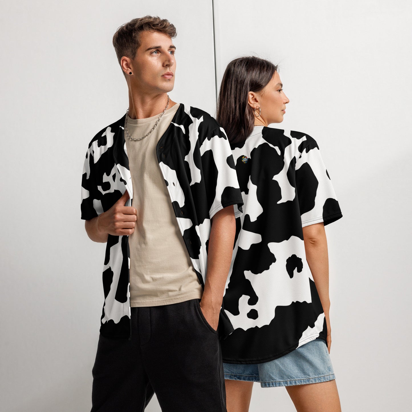 Baseball Jersey | Unisex | Black & White Cow Camouflage