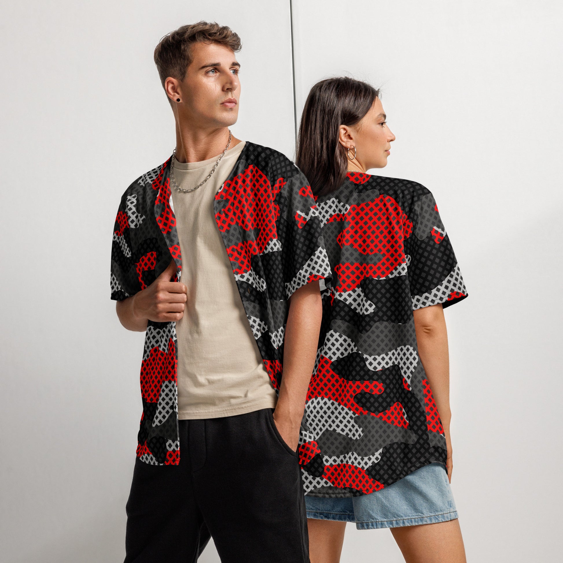 Camo Baseball Jersey | Red, Black and Gray Pixel Camouflage