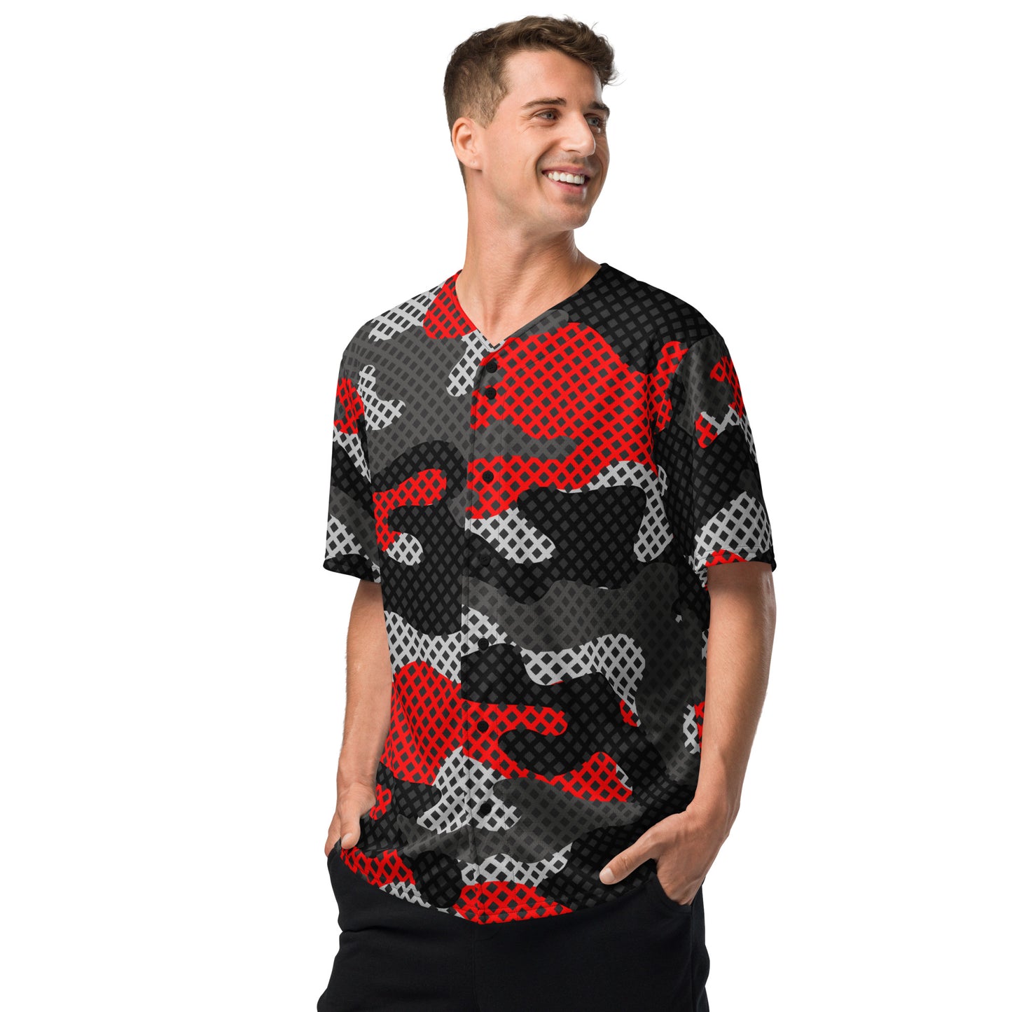 Camo Baseball Jersey | Red, Black and Gray Pixel Camouflage