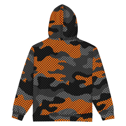 Zip Up Camo Hoodie | Unisex | Black & Orange Pixel