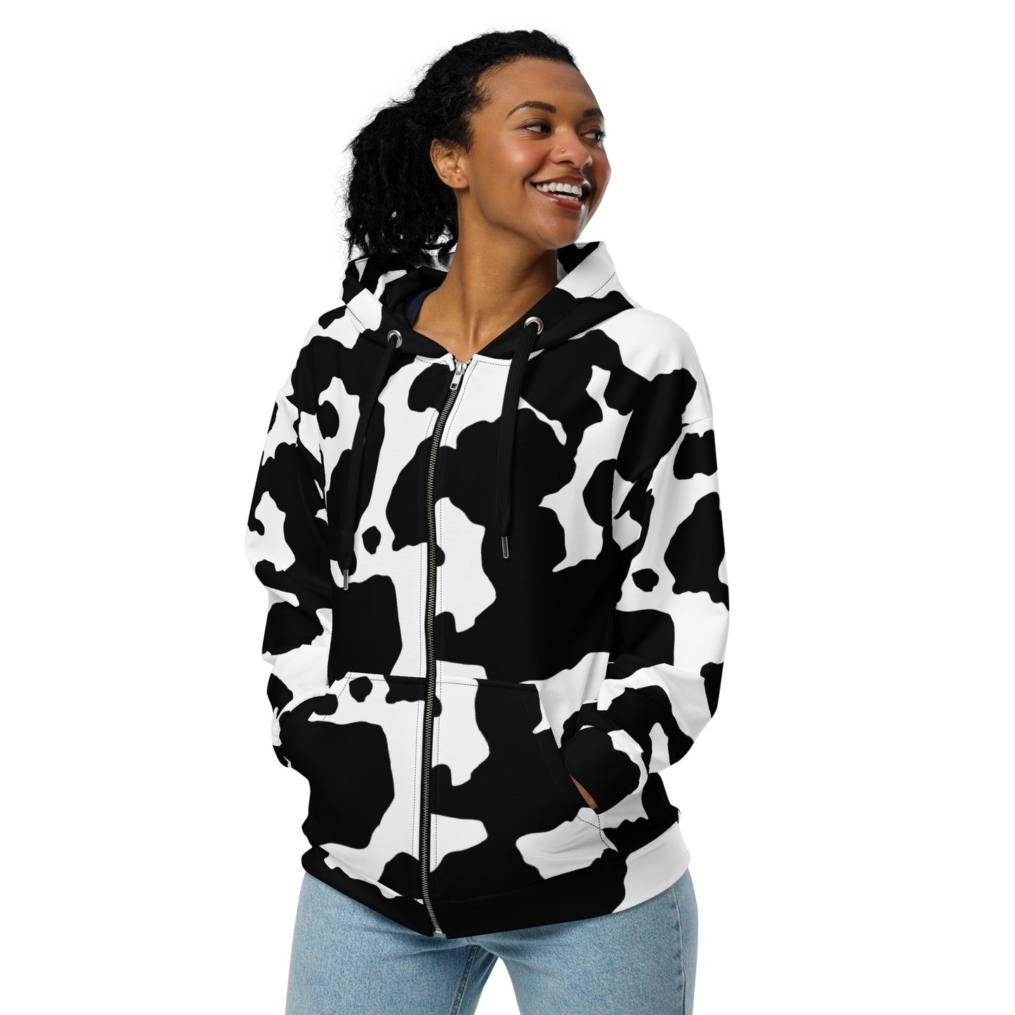 Camo Zip Up Hoodie | Unisex | Black & White Cow Skin