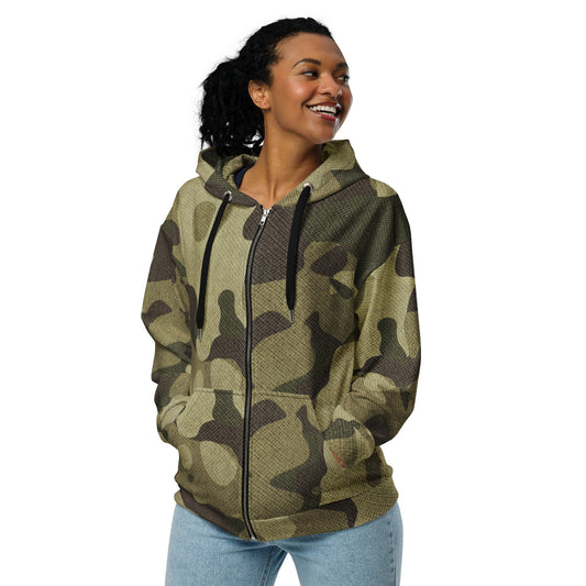 Camo Zip Up Hoodie | Unisex | Green Fabric Camouflage