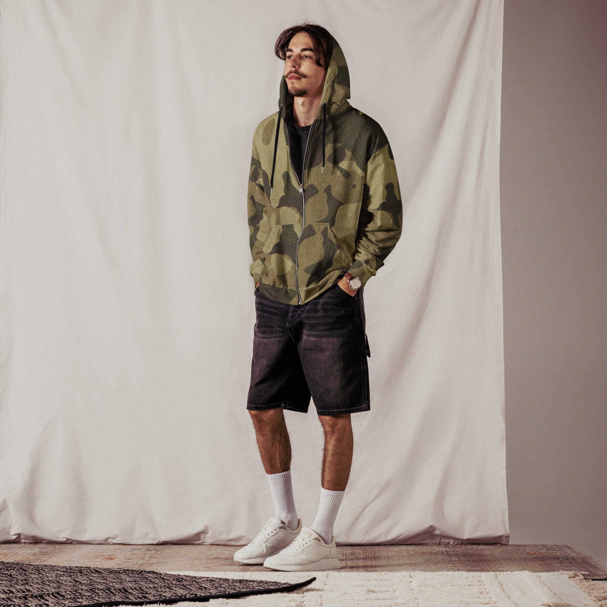 Camo Zip Up Hoodie | Unisex | Green Fabric Camouflage