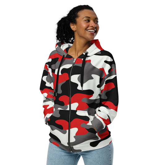 Zip Up Camo Hoodie | Unisex | Red, Black & White