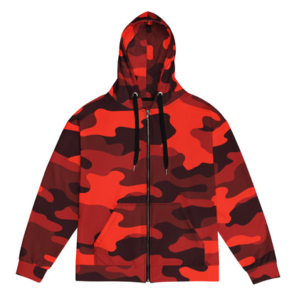 Zip Up Camo Hoodie | Unisex | Scarlet Red & Black Camouflage