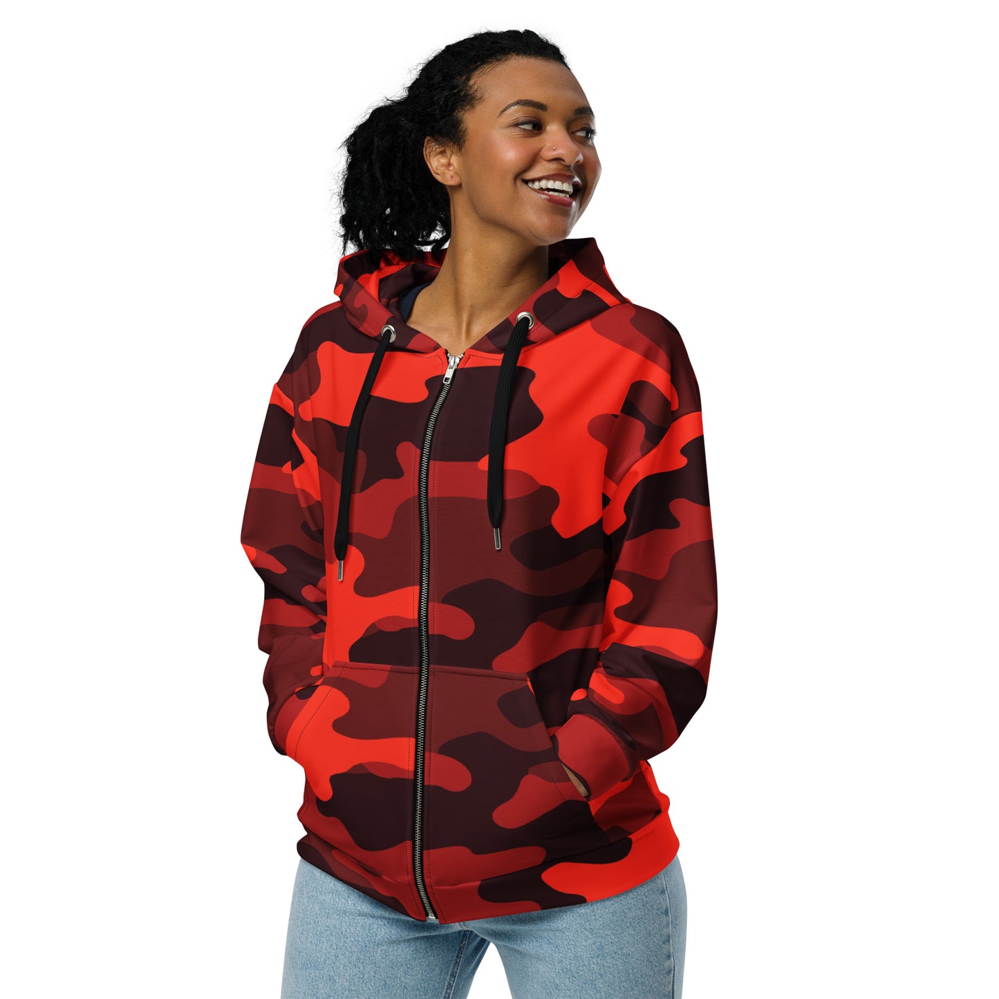 Zip Up Camo Hoodie | Unisex | Scarlet Red & Black Camouflage