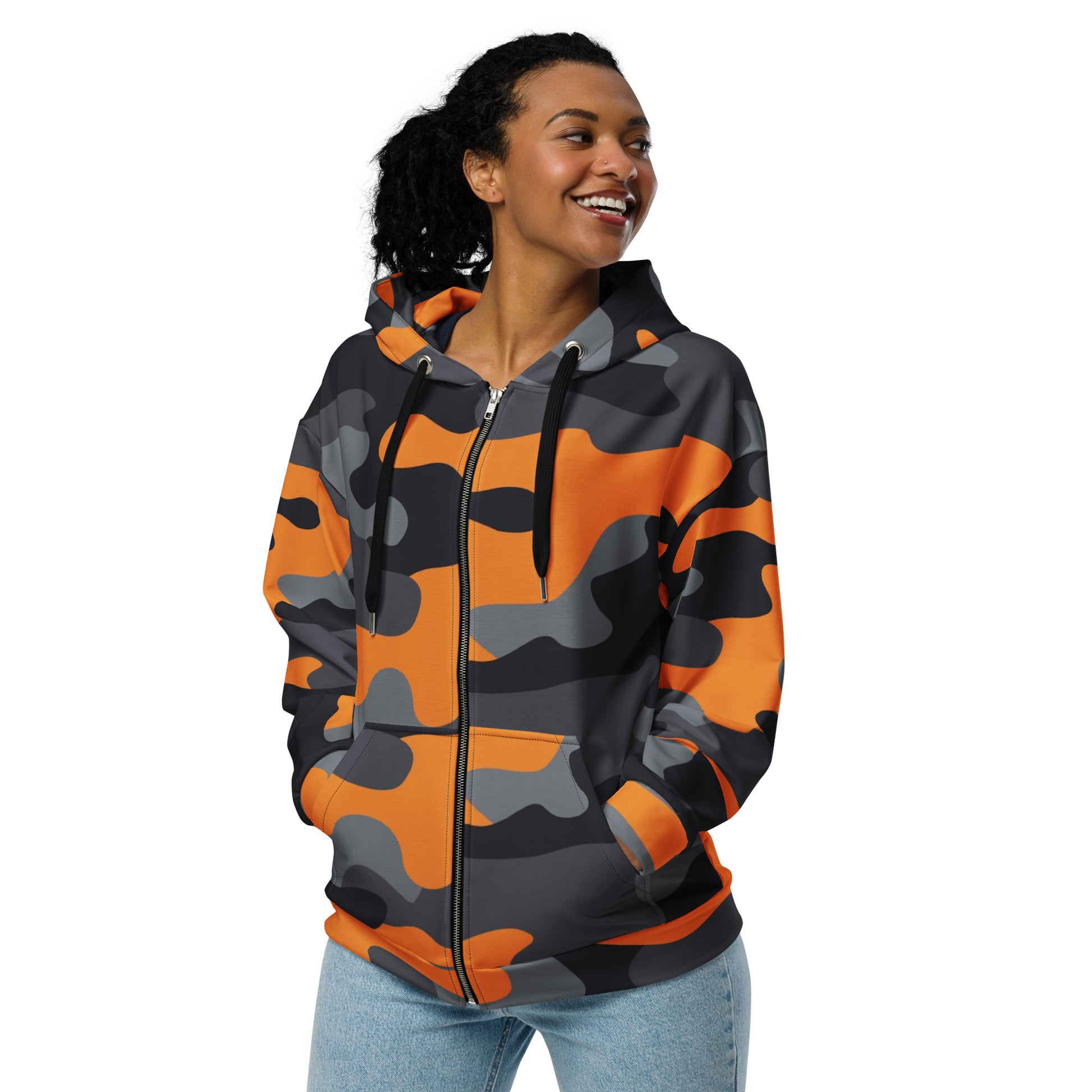 Zip Up Camo Hoodie | Unisex | Orange, Black & Gray