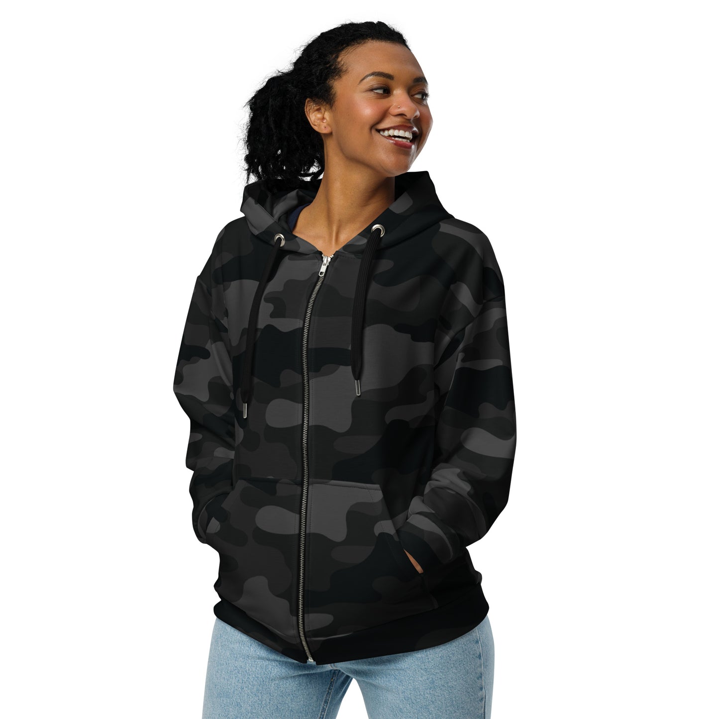 Zip Up Camo Hoodie | Unisex | Black Camouflage