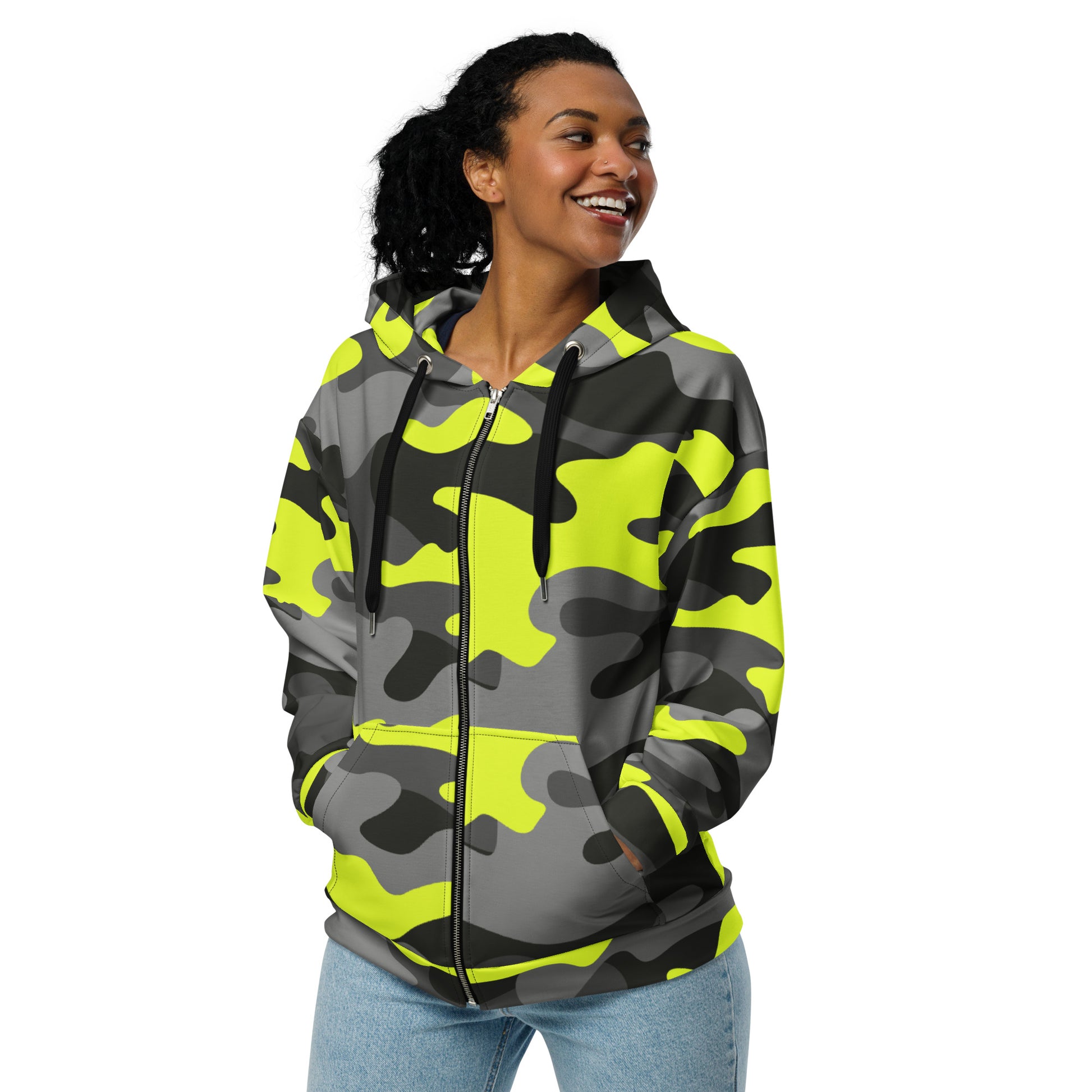 Zip Up Camo Hoodie | Unisex | Black, Gray & Yellow