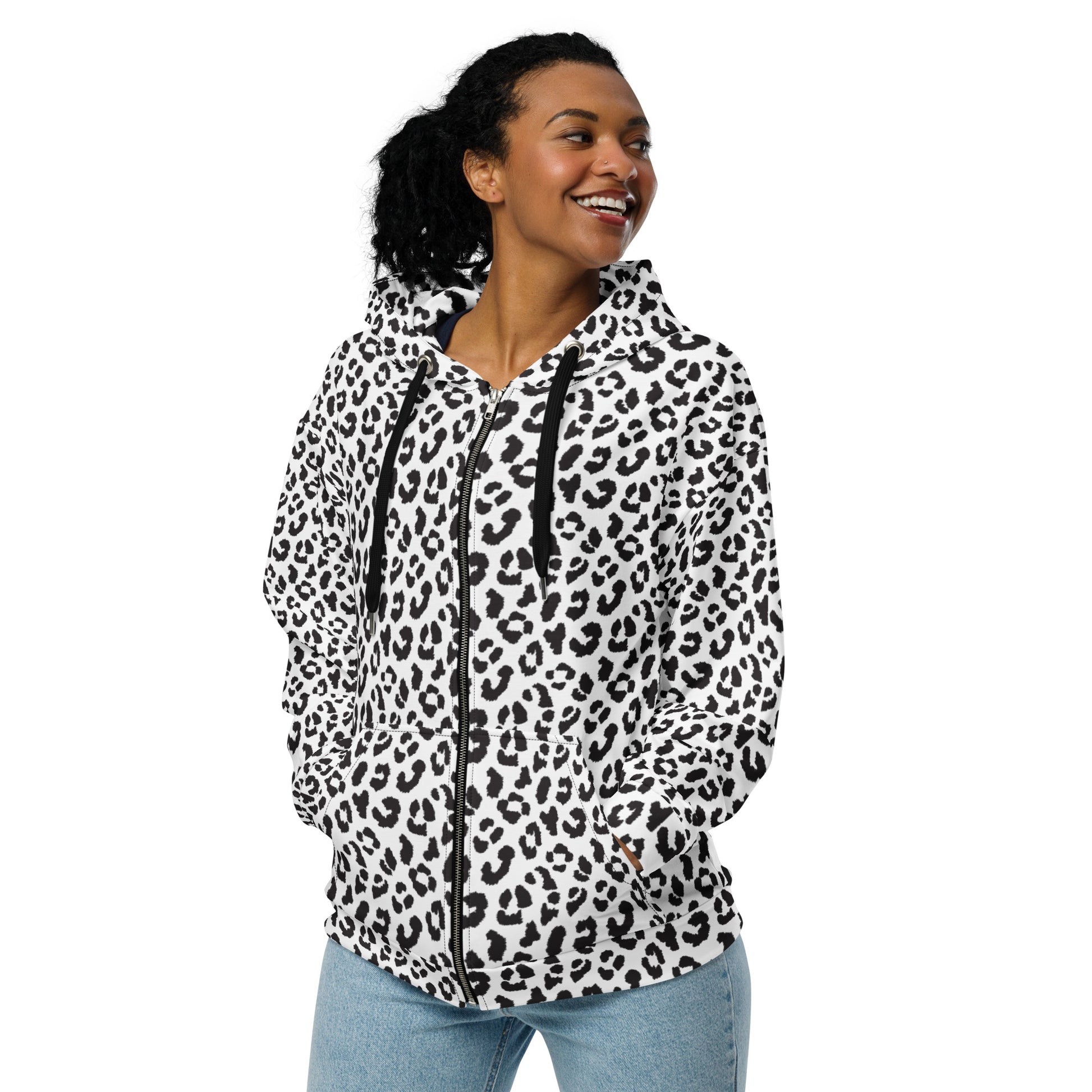 Leopard Zip Up Hoodie | Unisex | Black & White Print