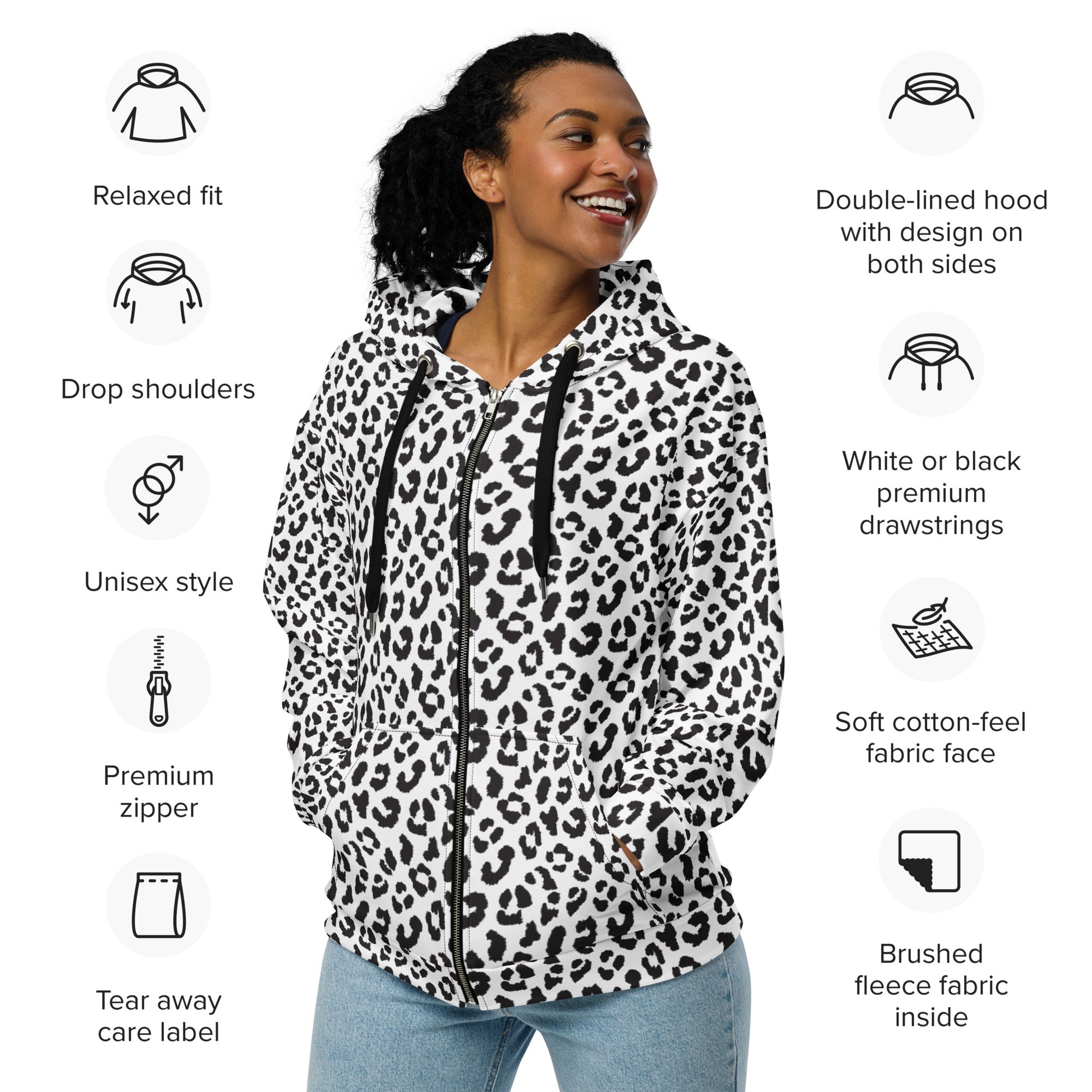 Leopard Zip Up Hoodie | Unisex | Black & White Print