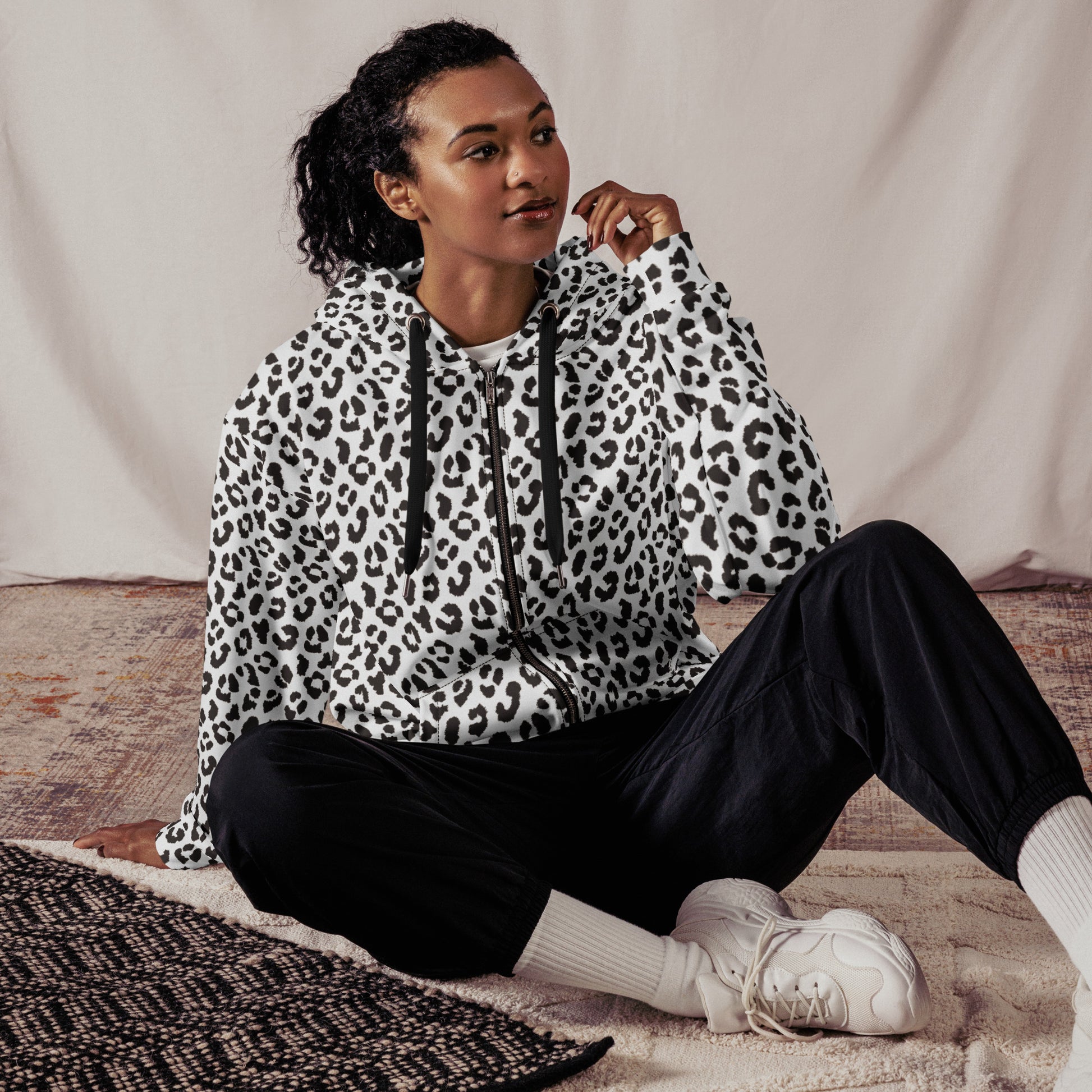 Leopard Zip Up Hoodie | Unisex | Black & White Print