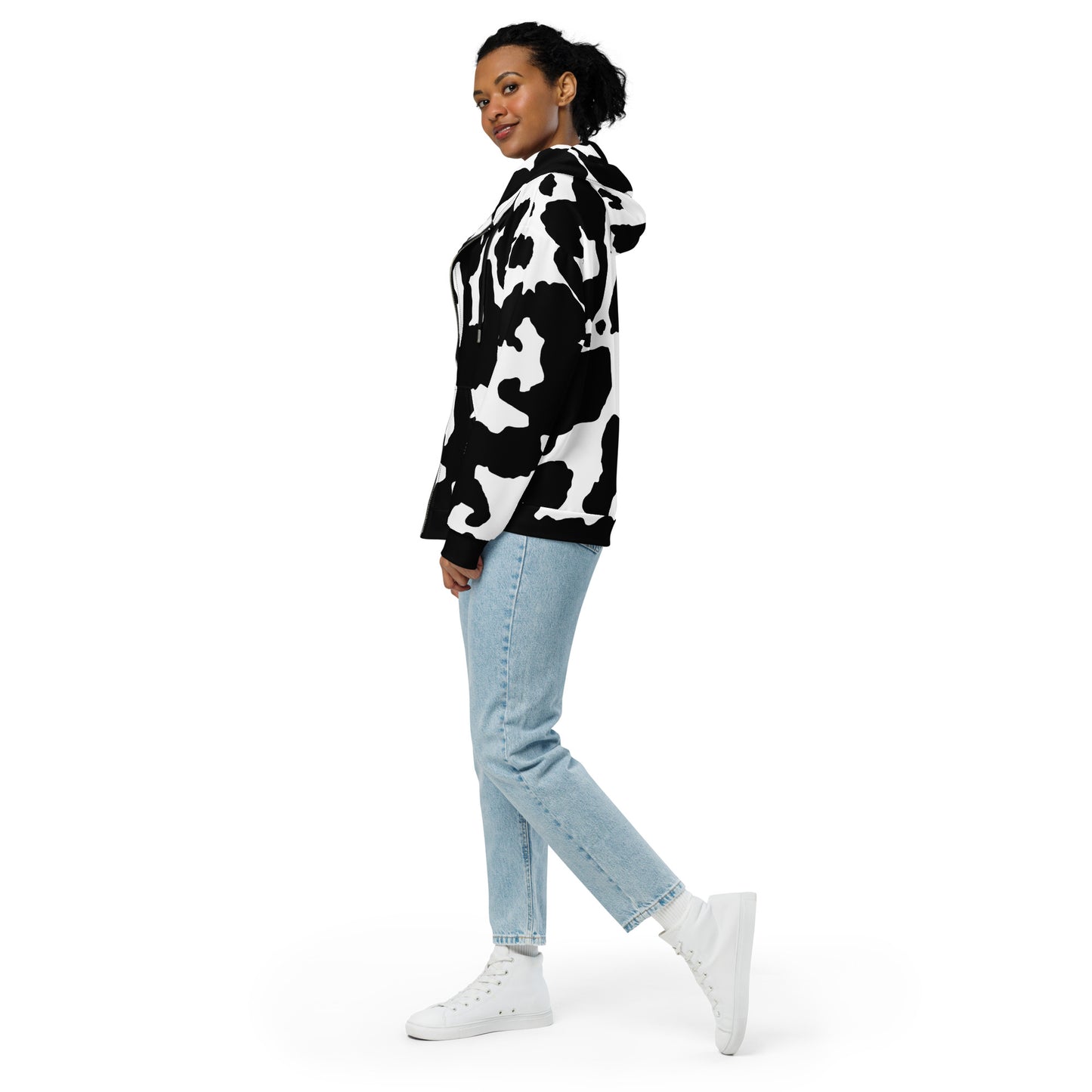 Camo Zip Up Hoodie | Unisex | Black & White Cow Skin