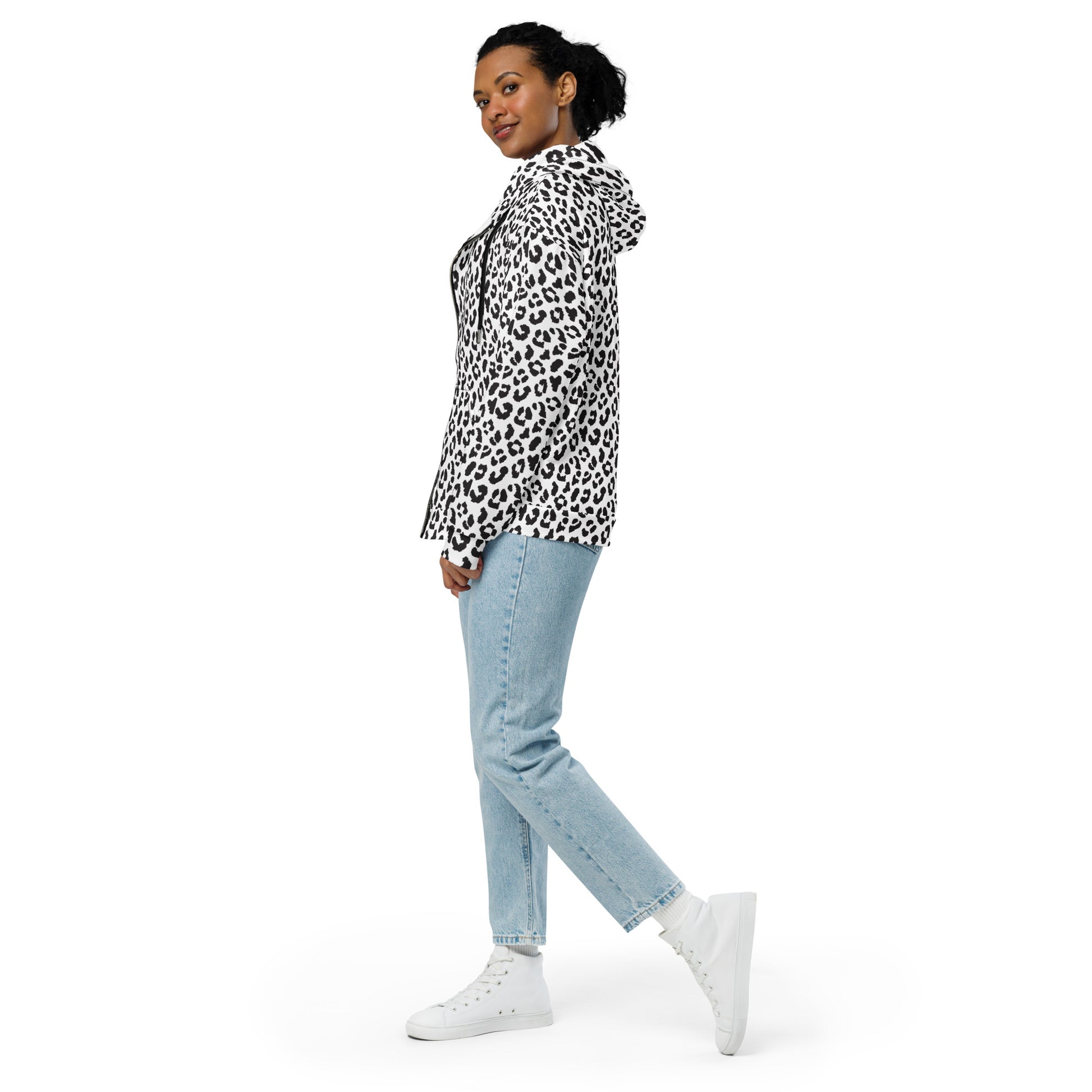 Leopard Zip Up Hoodie | Unisex | Black & White Print