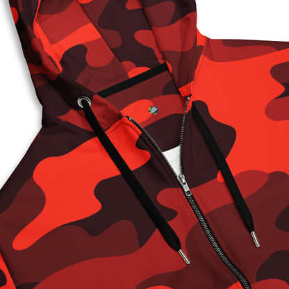 Zip Up Camo Hoodie | Unisex | Scarlet Red & Black Camouflage