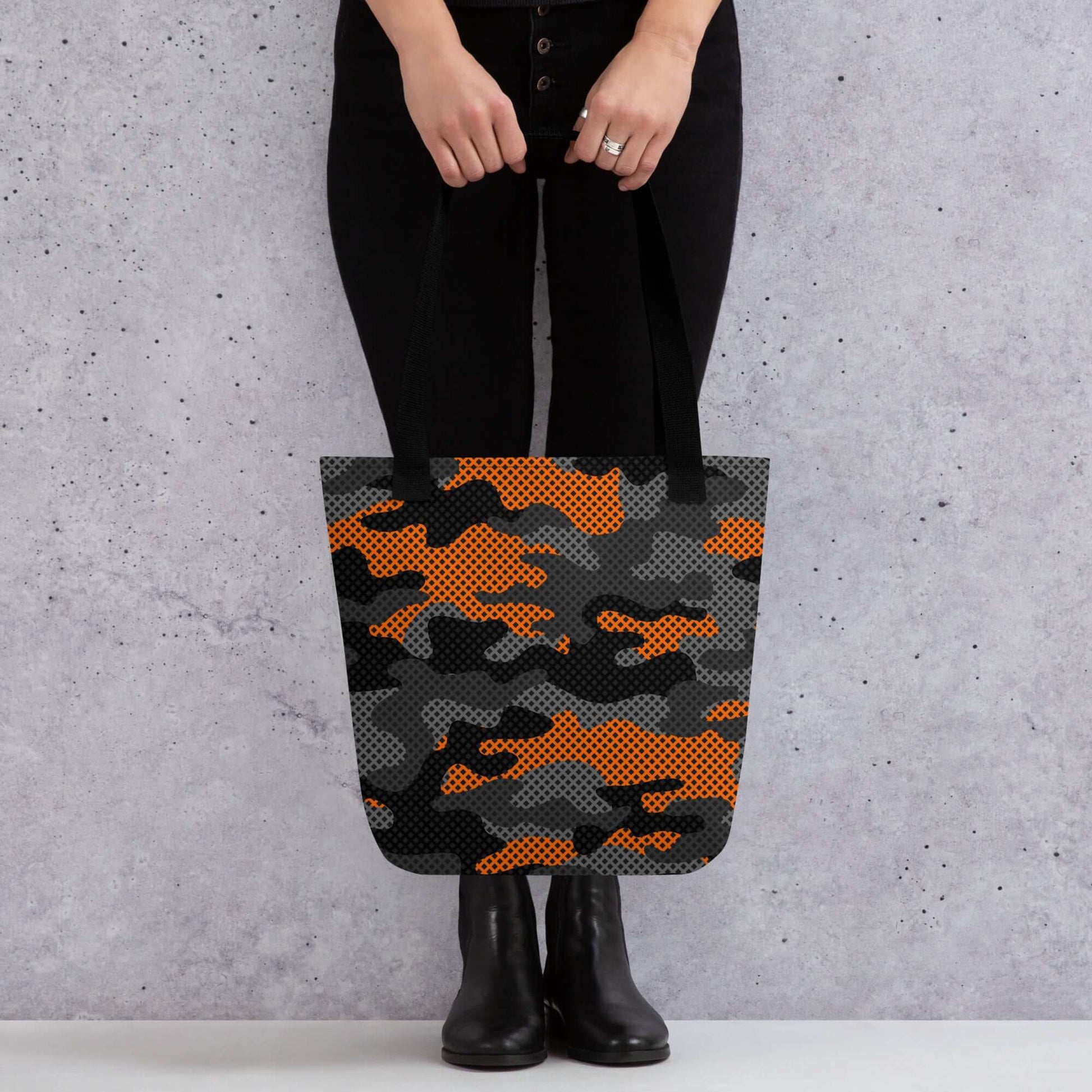 Camo Tote Bag | Orange & Black Pixel Camouflage