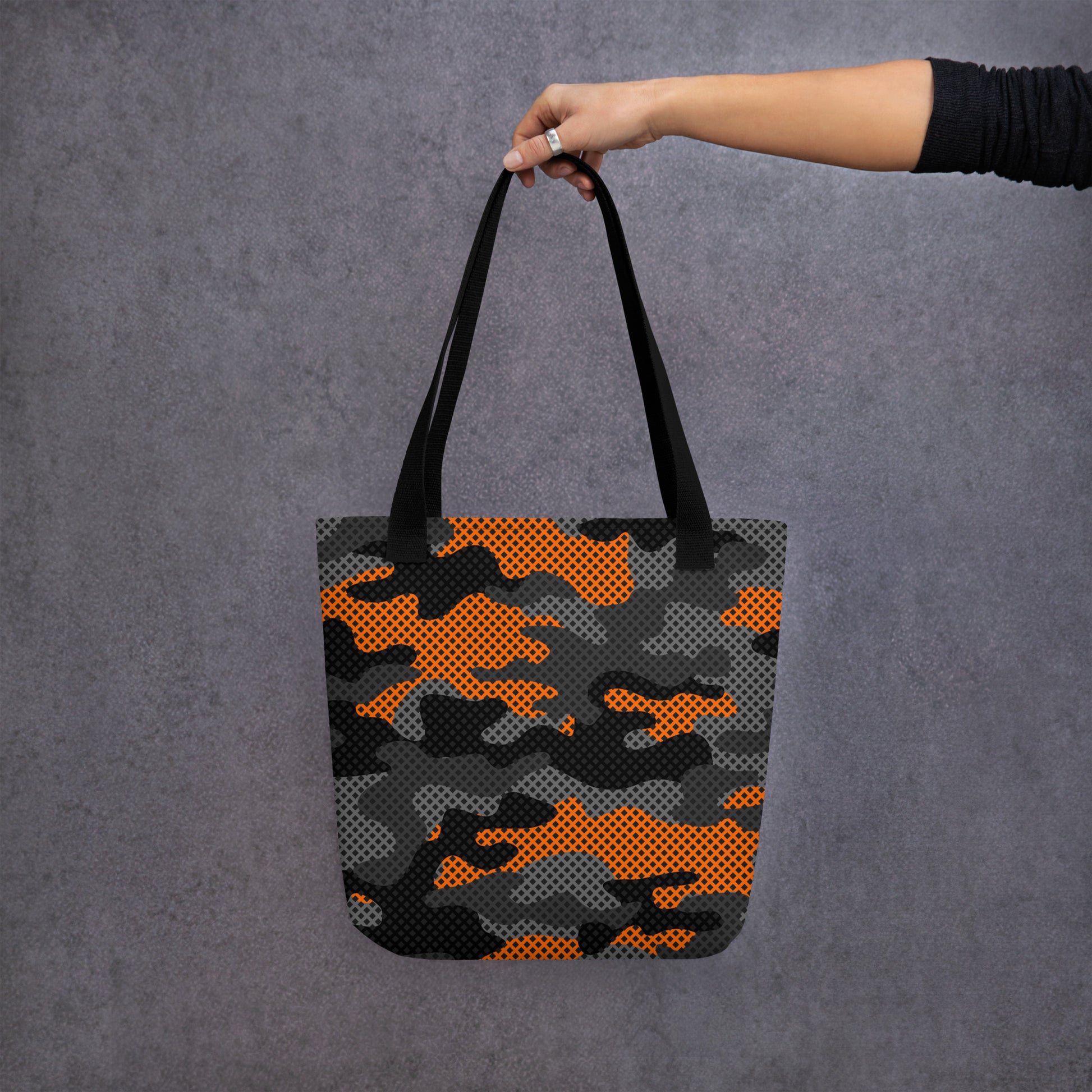 Camo Tote Bag | Orange & Black Pixel Camouflage