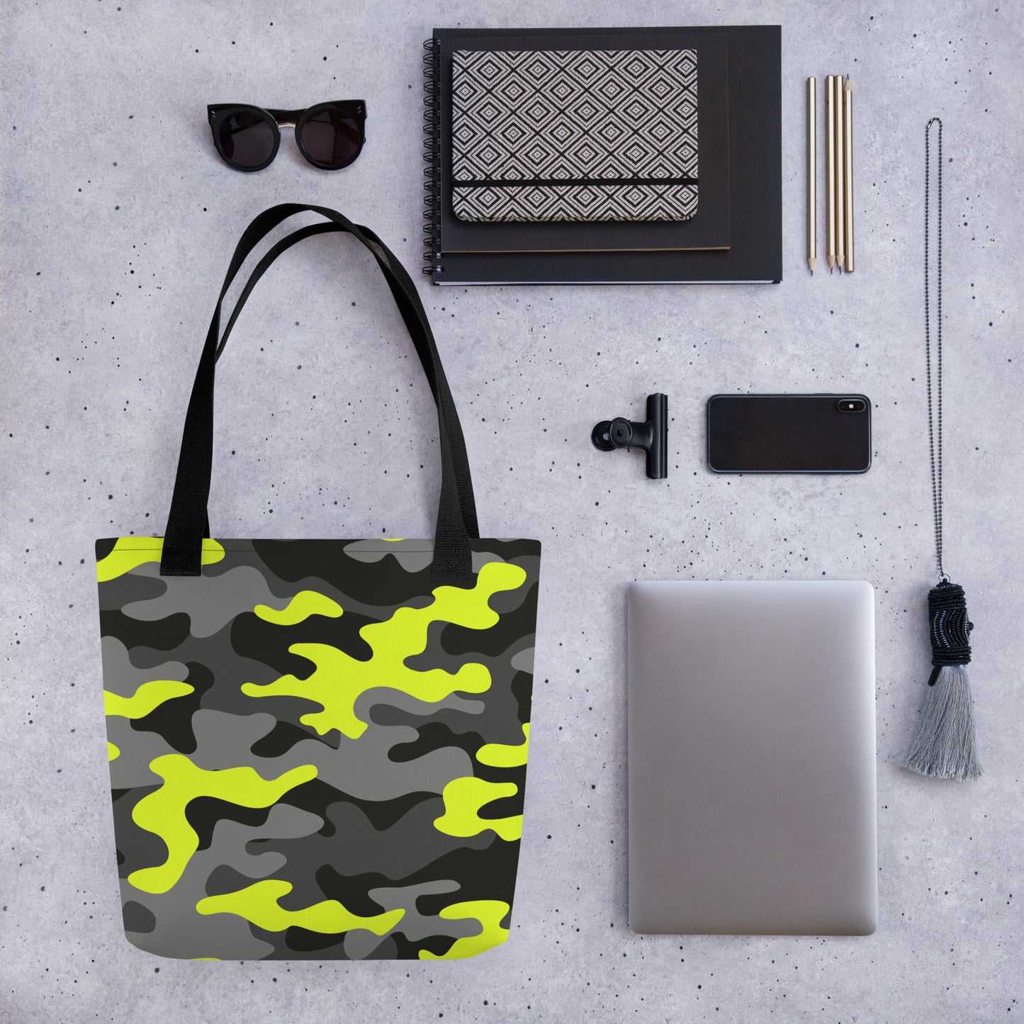 Camo Tote Bag | Black, Gray & Yellow Camouflage