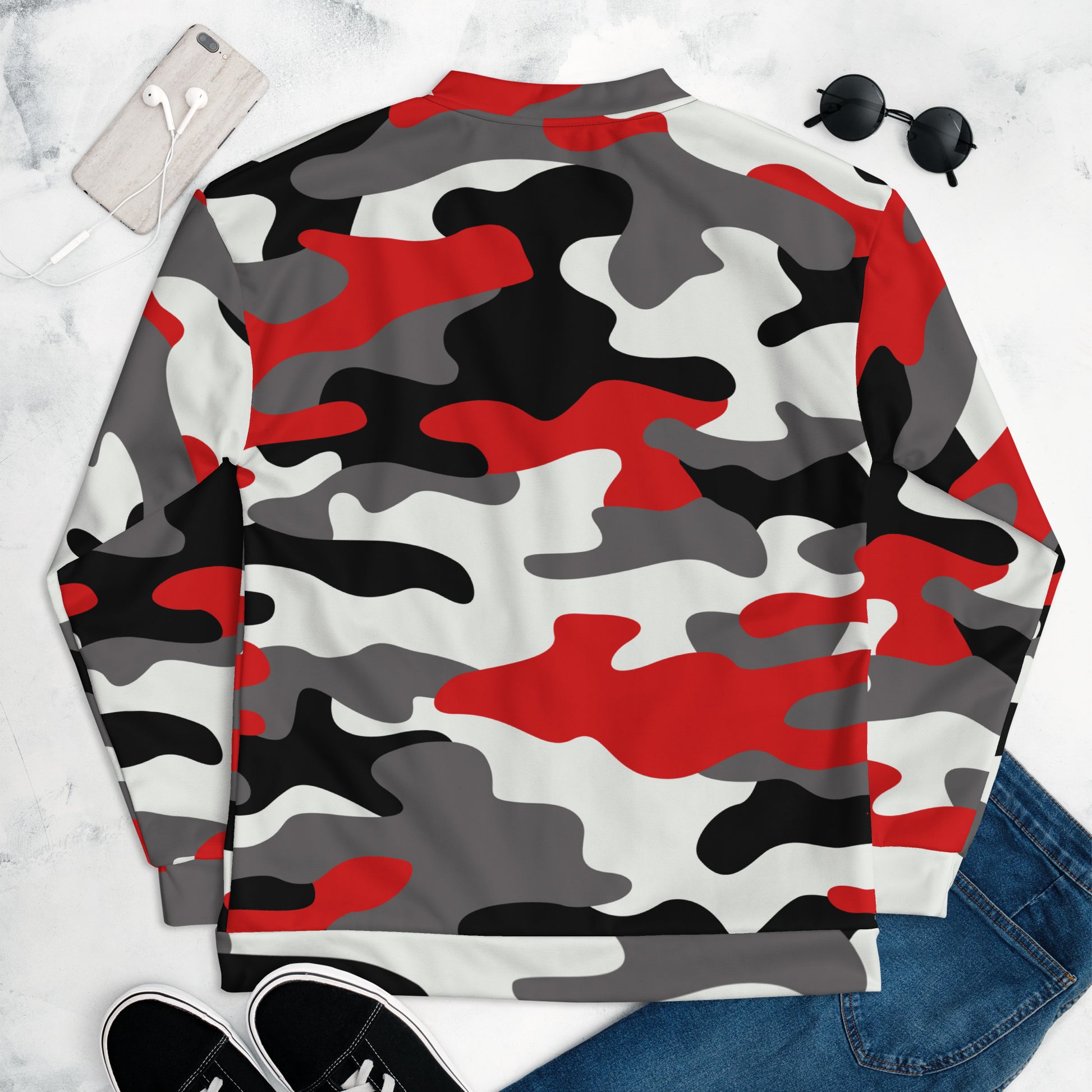 Camo Bomber Jacket | Unisex | Red, Black & White