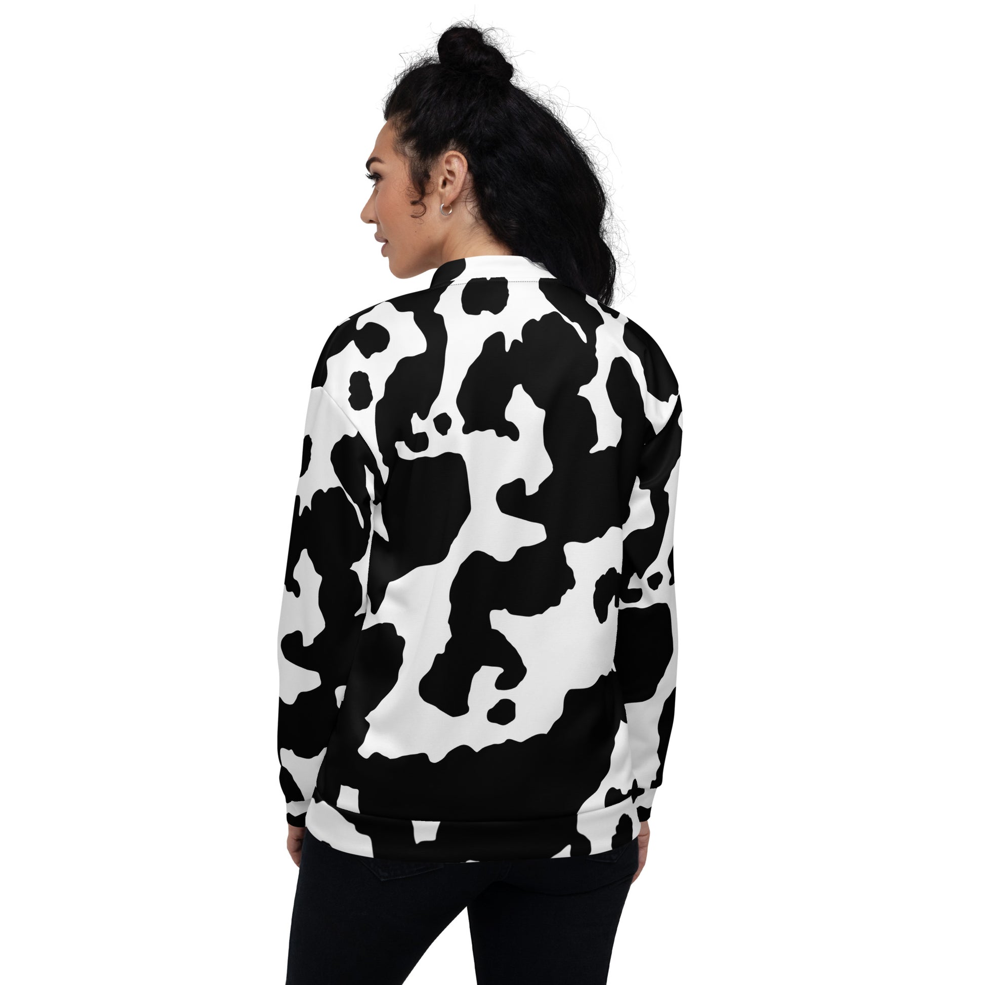 Camo Bomber Jacket | Unisex | Black & White Cow Camouflage