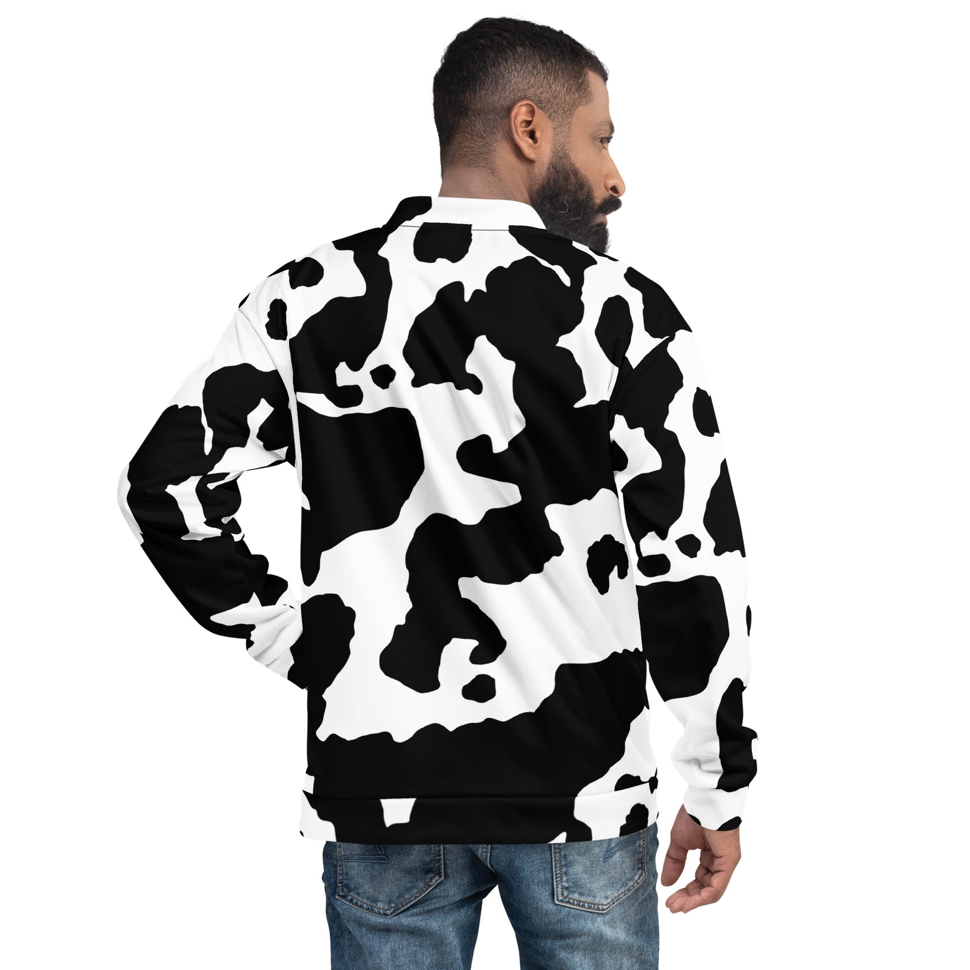 Camo Bomber Jacket | Unisex | Black & White Cow Camouflage