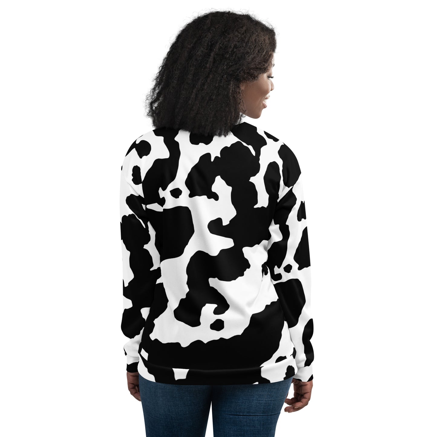 Camo Bomber Jacket | Unisex | Black & White Cow Camouflage