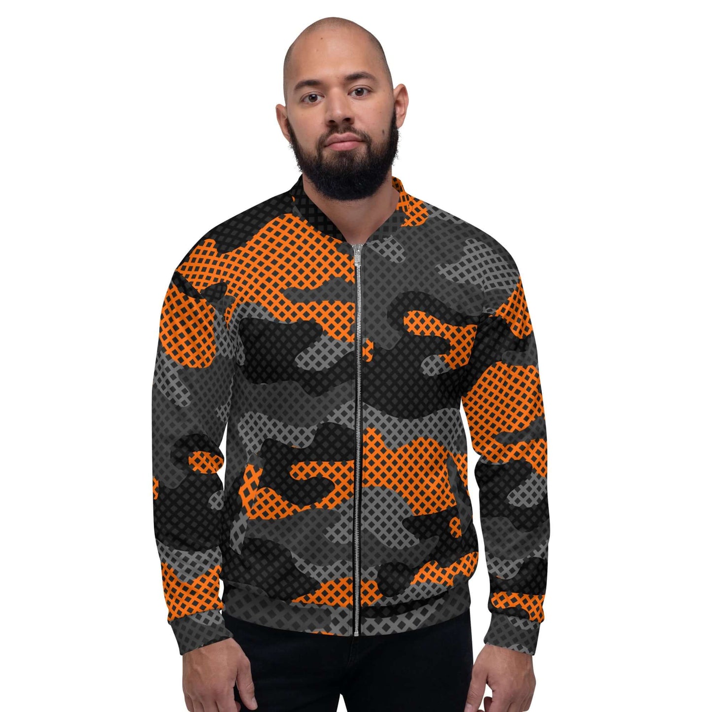 Camo Bomber Jacket | Unisex | Black & Orange Pixel