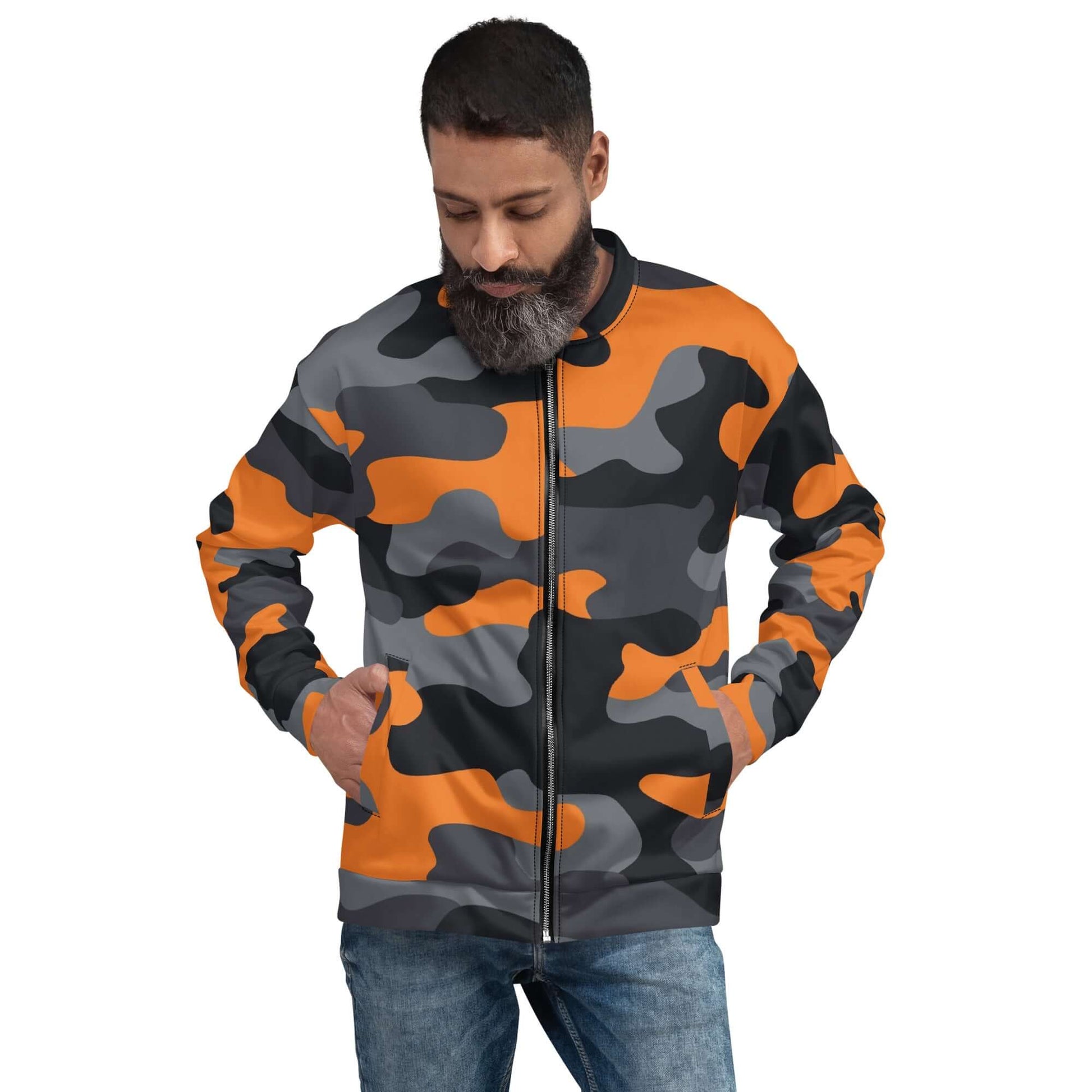 Camo Bomber Jacket | Unisex | Orange, Gray & Black Camouflage