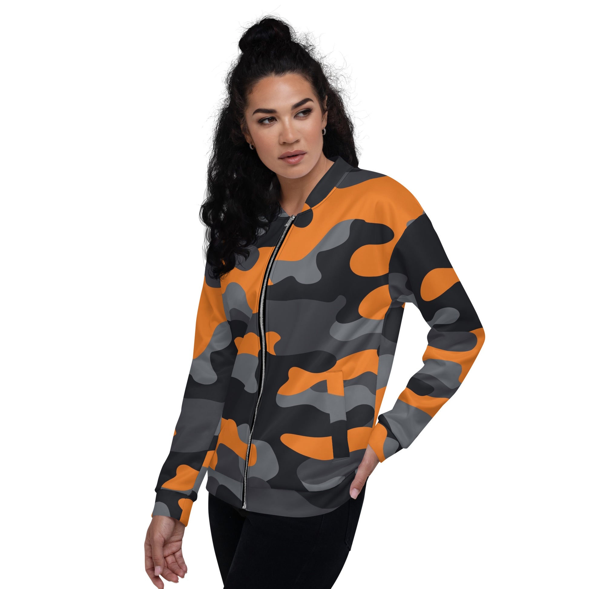 Camo Bomber Jacket | Unisex | Orange, Gray & Black Camouflage