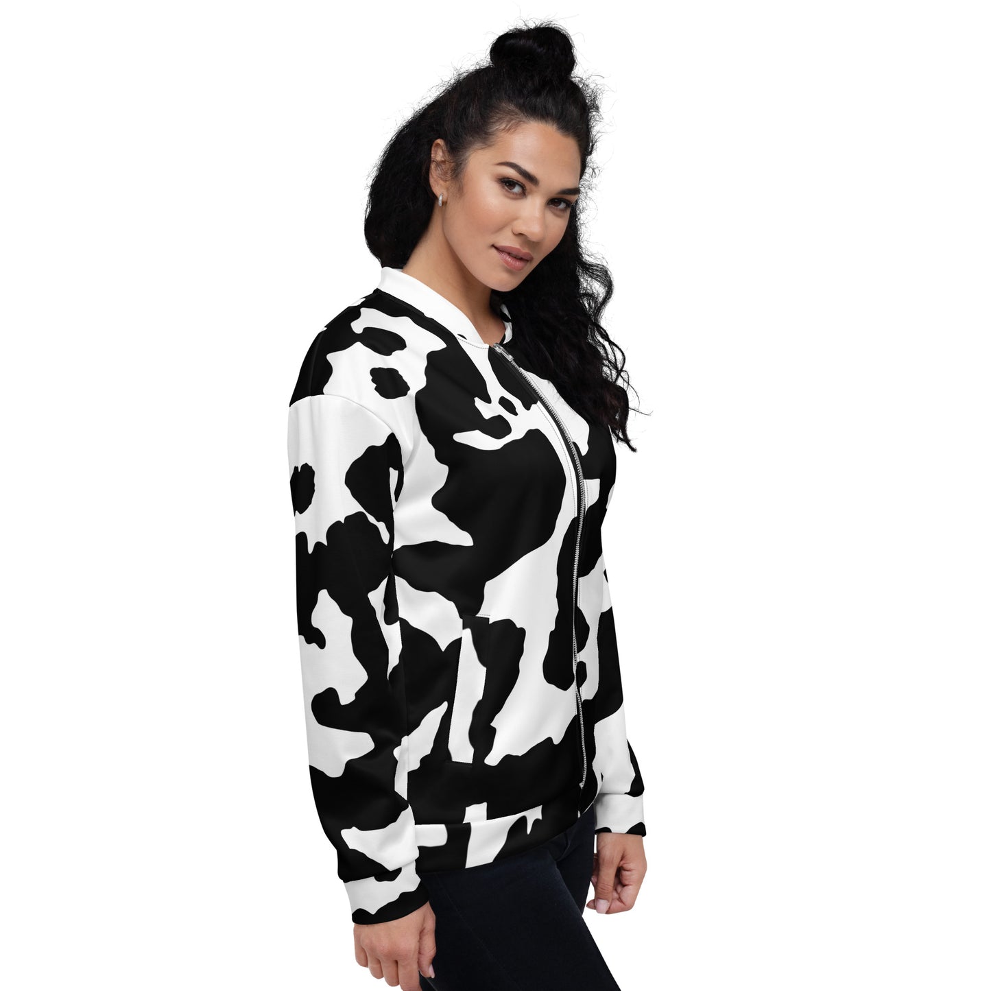 Camo Bomber Jacket | Unisex | Black & White Cow Camouflage