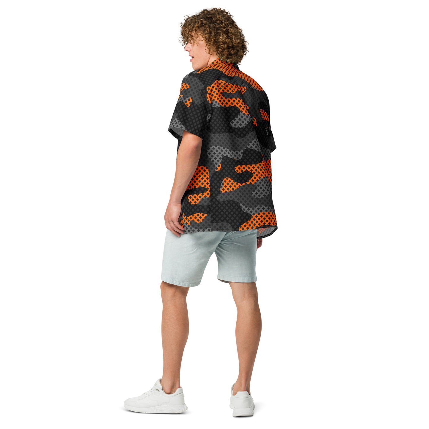 Camo Button Up Shirt | Black & Orange Pixel Camouflage