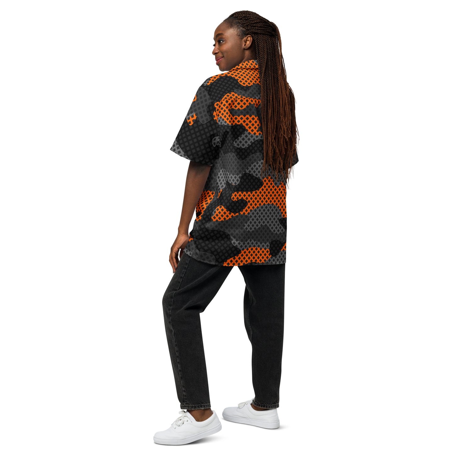 Camo Button Up Shirt | Black & Orange Pixel Camouflage