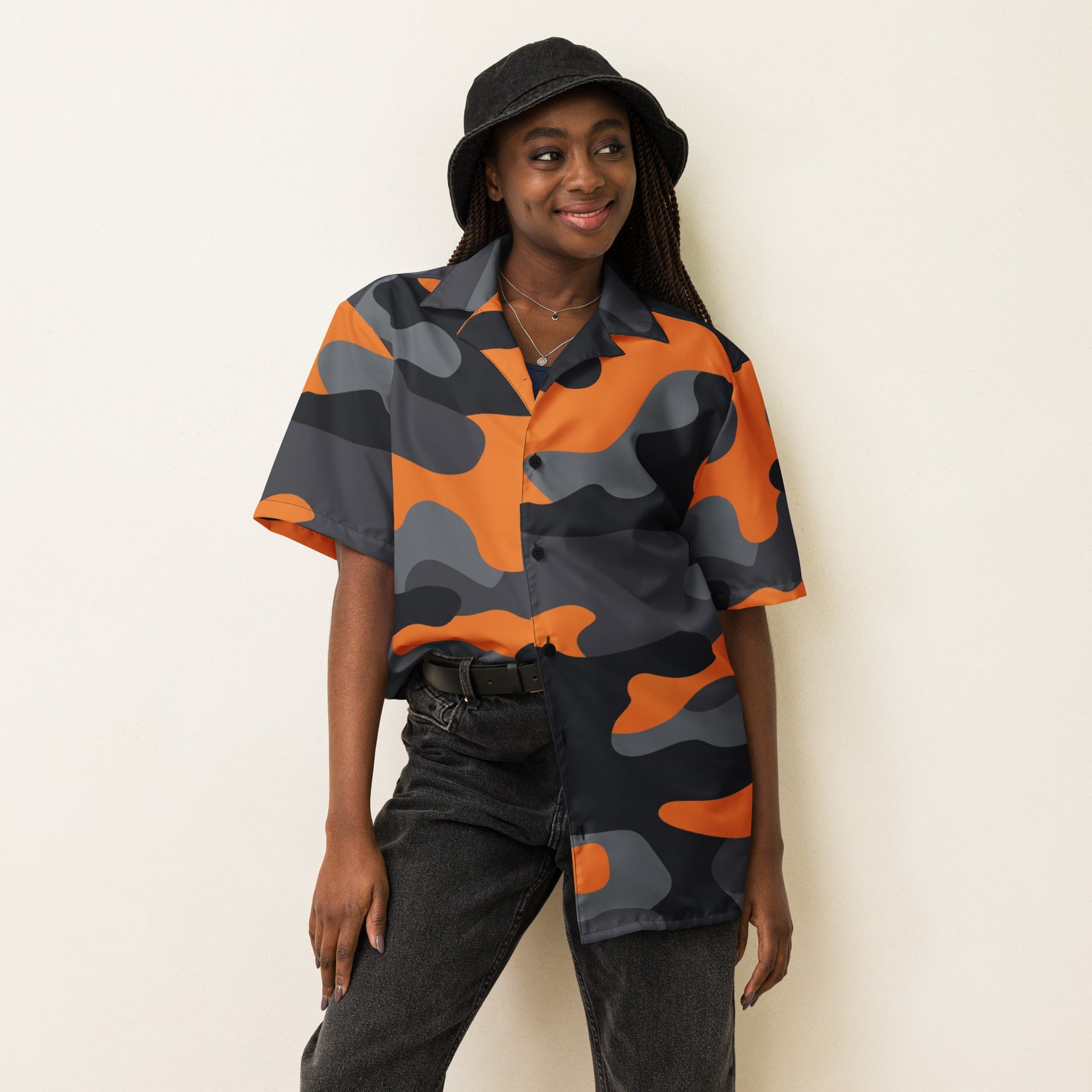 Camo Button Up Shirt | Orange, Black & Gray Camouflage