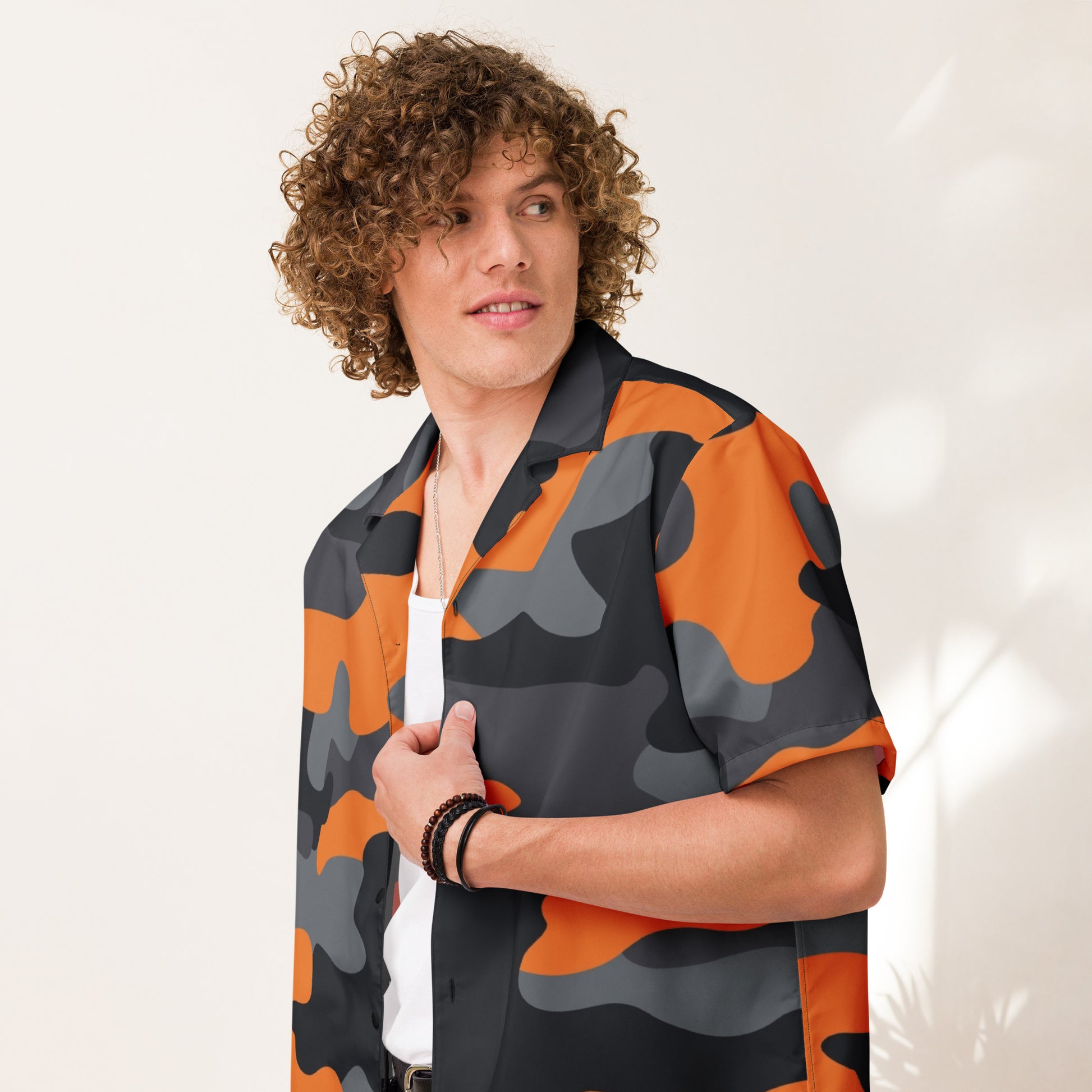 Camo Button Up Shirt | Orange, Black & Gray Camouflage