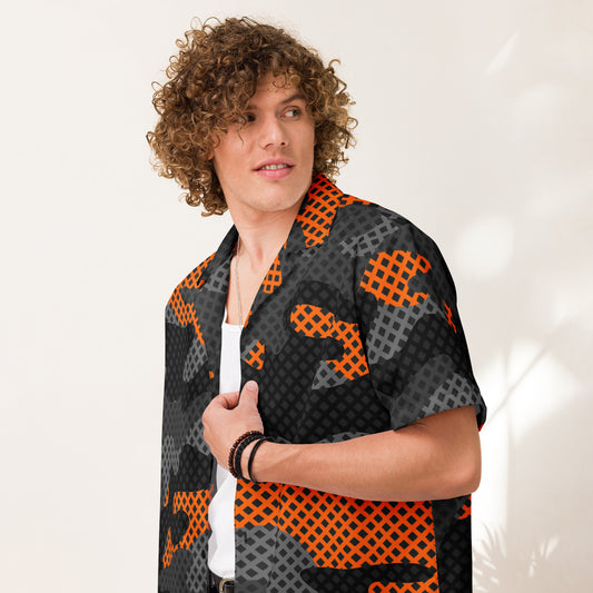 Camo Button Up Shirt | Black & Orange Pixel Camouflage