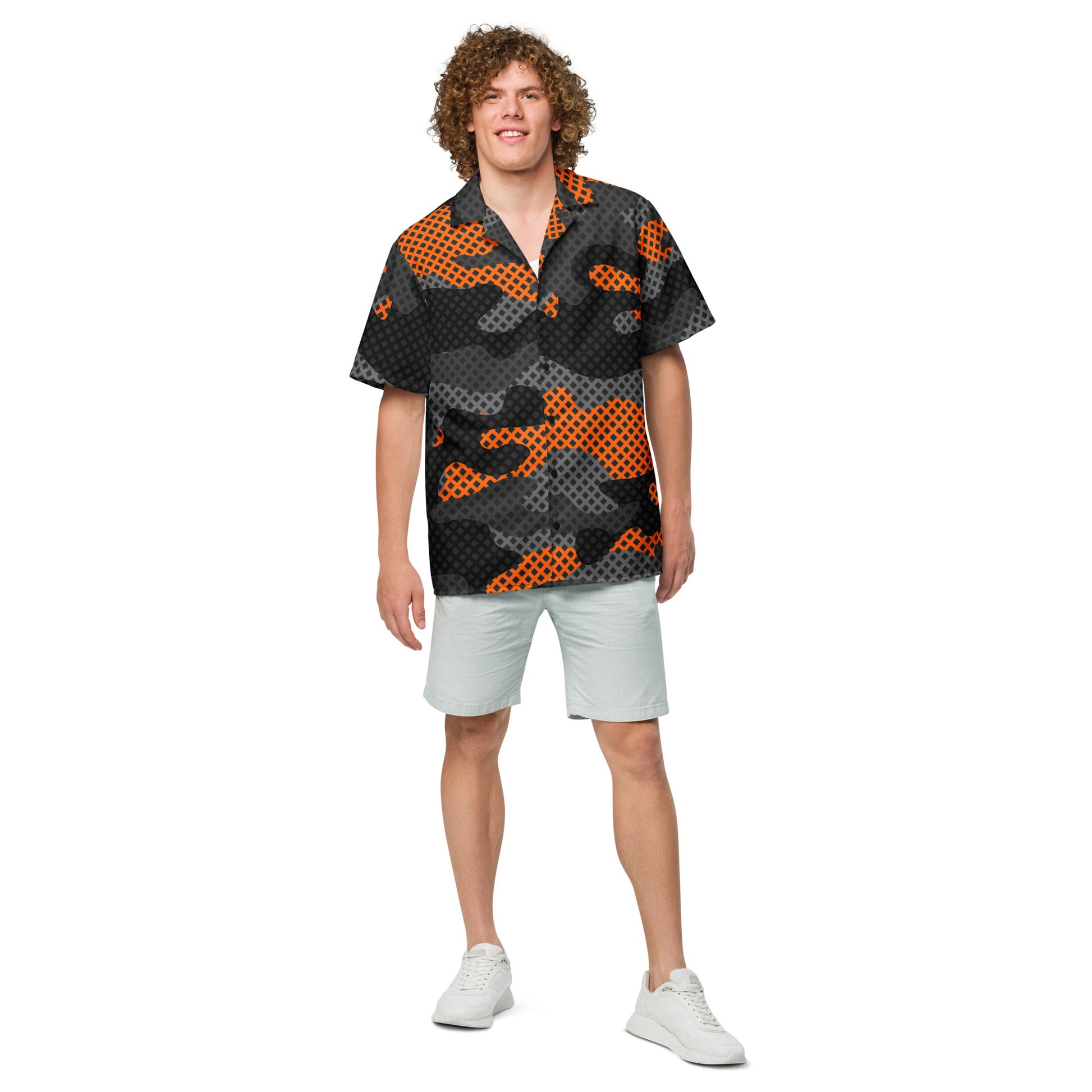 Camo Button Up Shirt | Black & Orange Pixel Camouflage