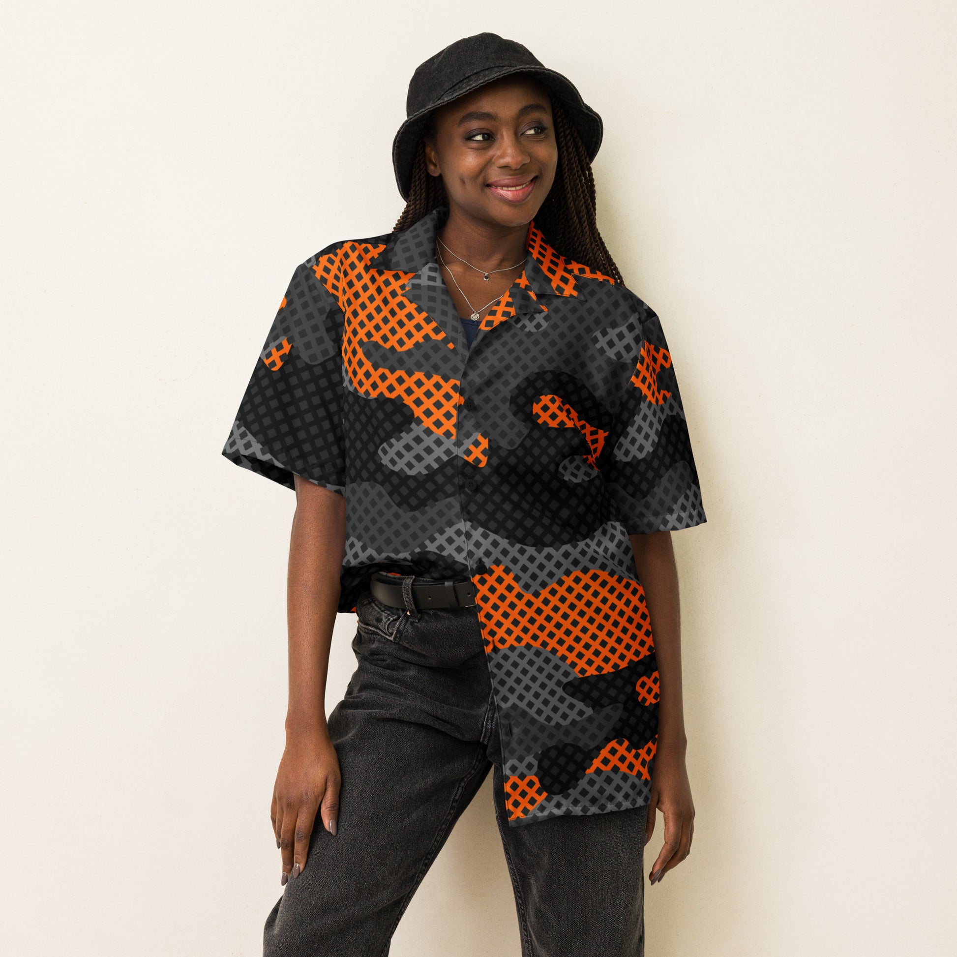 Camo Button Up Shirt | Black & Orange Pixel Camouflage