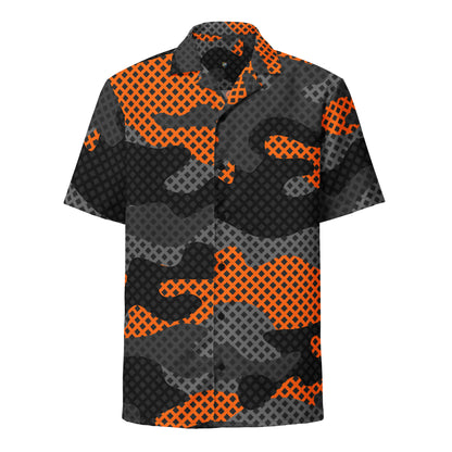 Camo Button Up Shirt | Black & Orange Pixel Camouflage