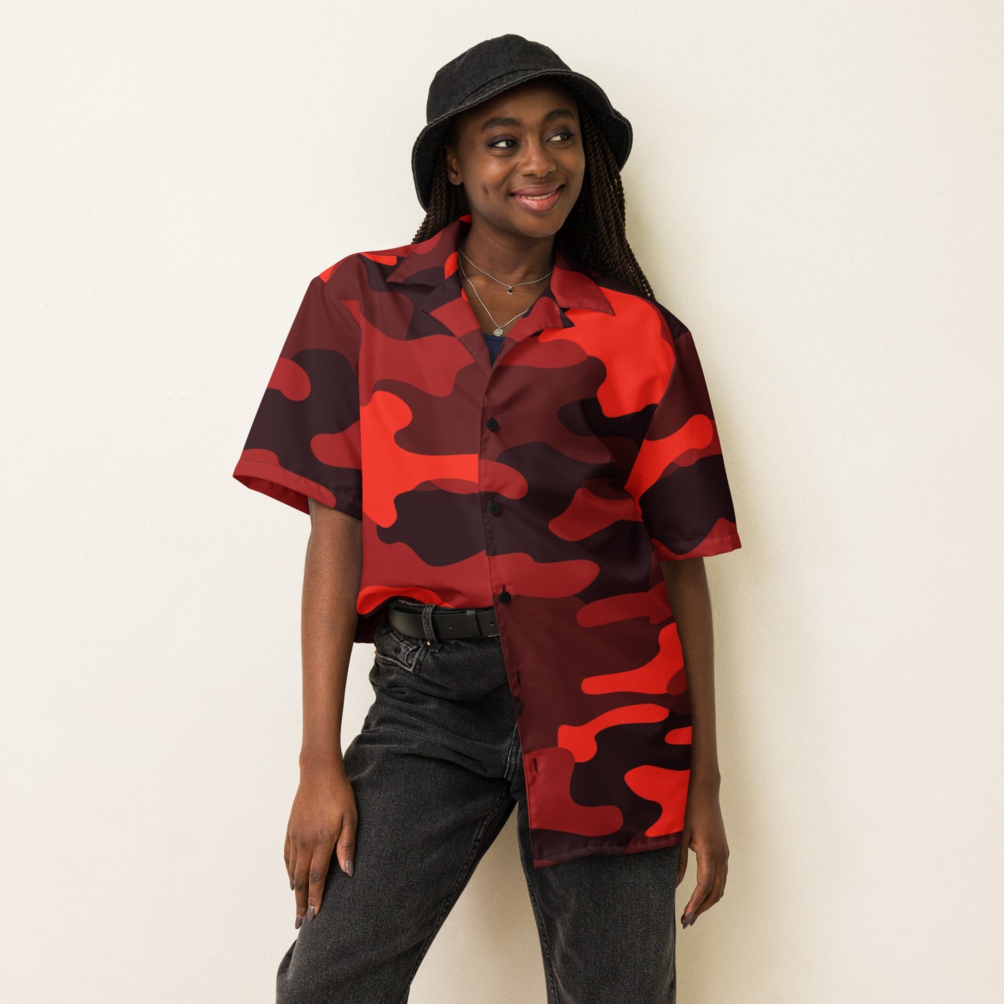 Camo Button Up Shirt | Scarlet Red & Black Camouflage