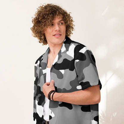 Camo Button Up Shirt | Black, White & Gray Camouflage