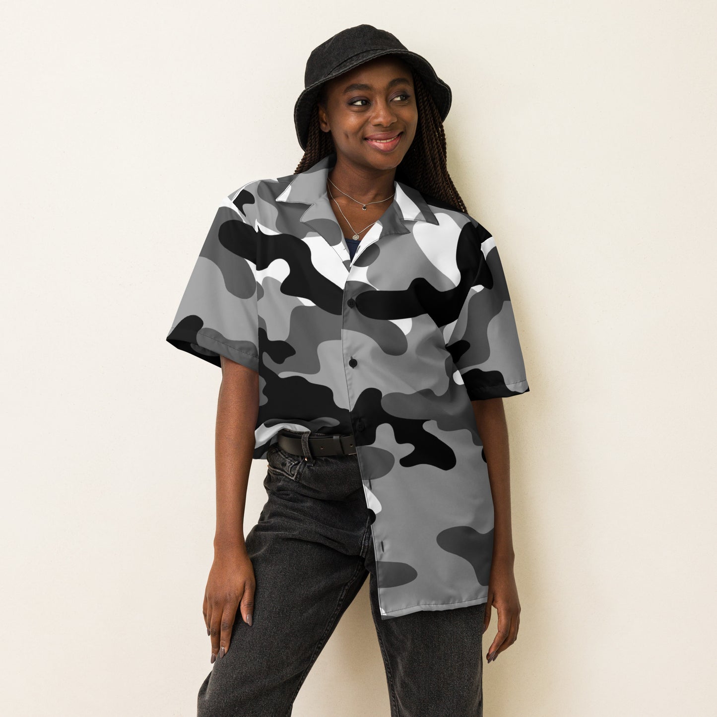 Camo Button Up Shirt | Black, White & Gray Camouflage