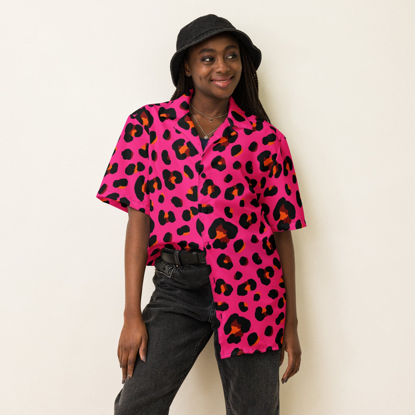 Leopard Button Up Shirt | OVERSIZED FIT | Cerise Pink, Orange & Black