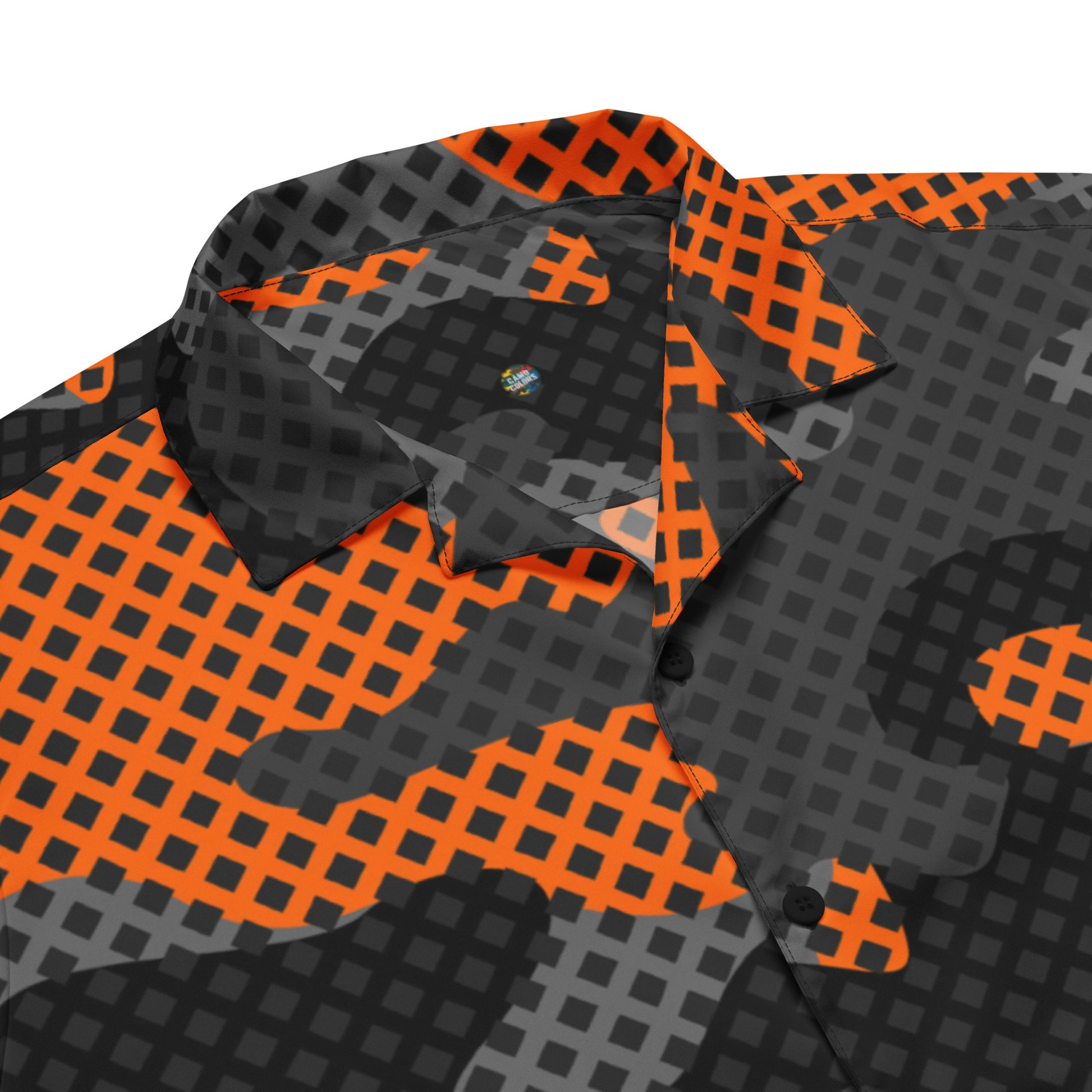 Camo Button Up Shirt | Black & Orange Pixel Camouflage