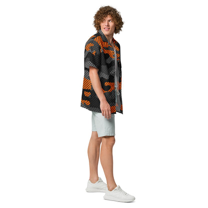 Camo Button Up Shirt | Black & Orange Pixel Camouflage