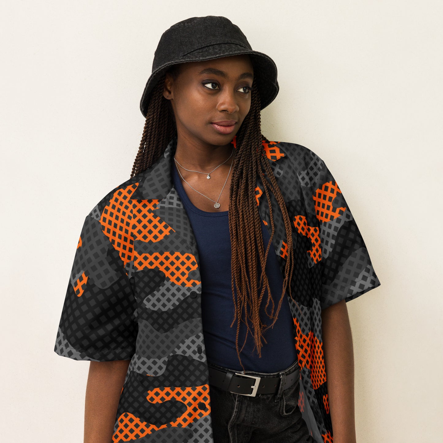 Camo Button Up Shirt | Black & Orange Pixel Camouflage