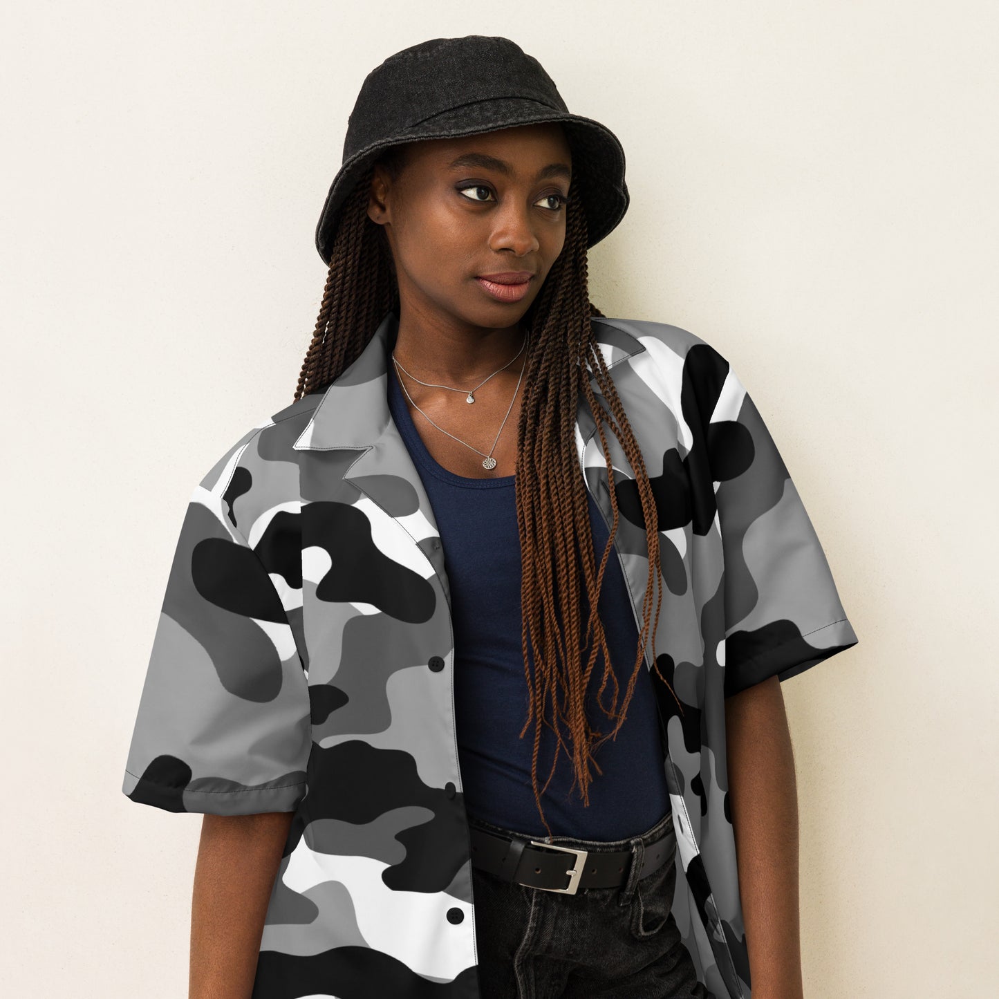 Camo Button Up Shirt | Black, White & Gray Camouflage