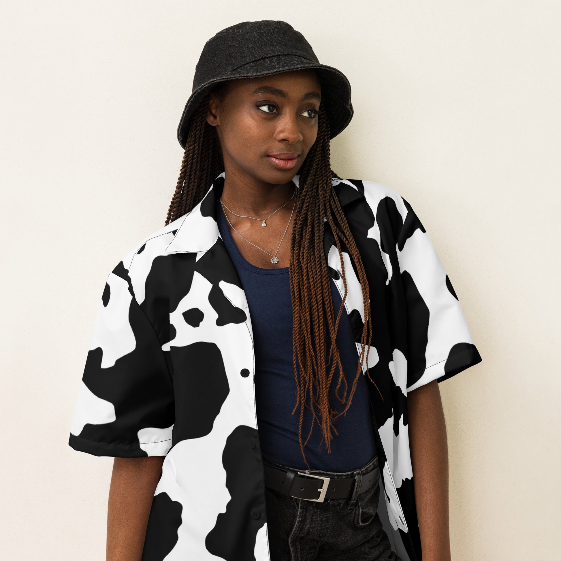 Camo Button Up Shirt | Black & White Cow Print